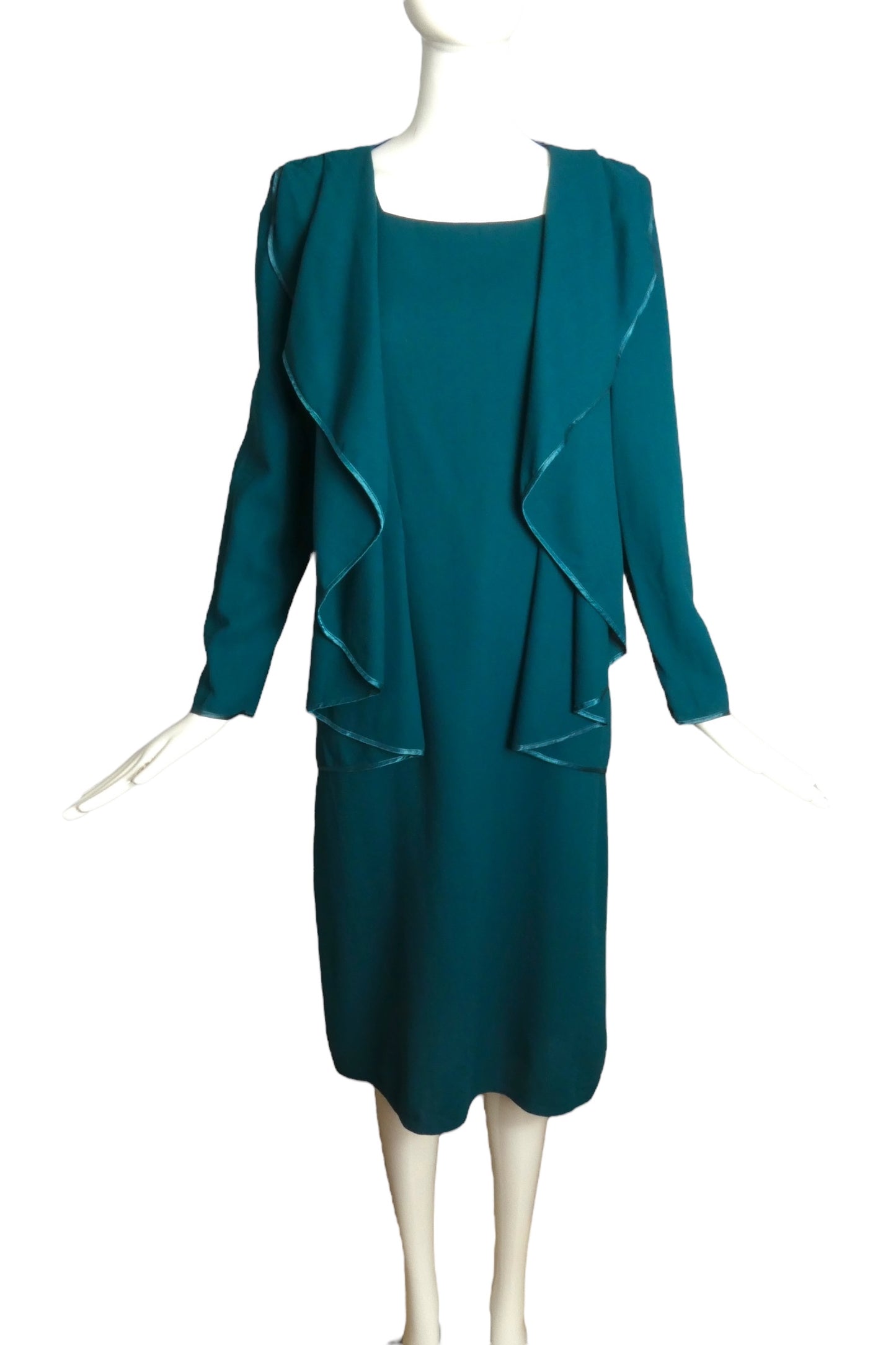 PIERRE CARDIN- 1980s Emerald Ruffled Wool Dress, Size 10
