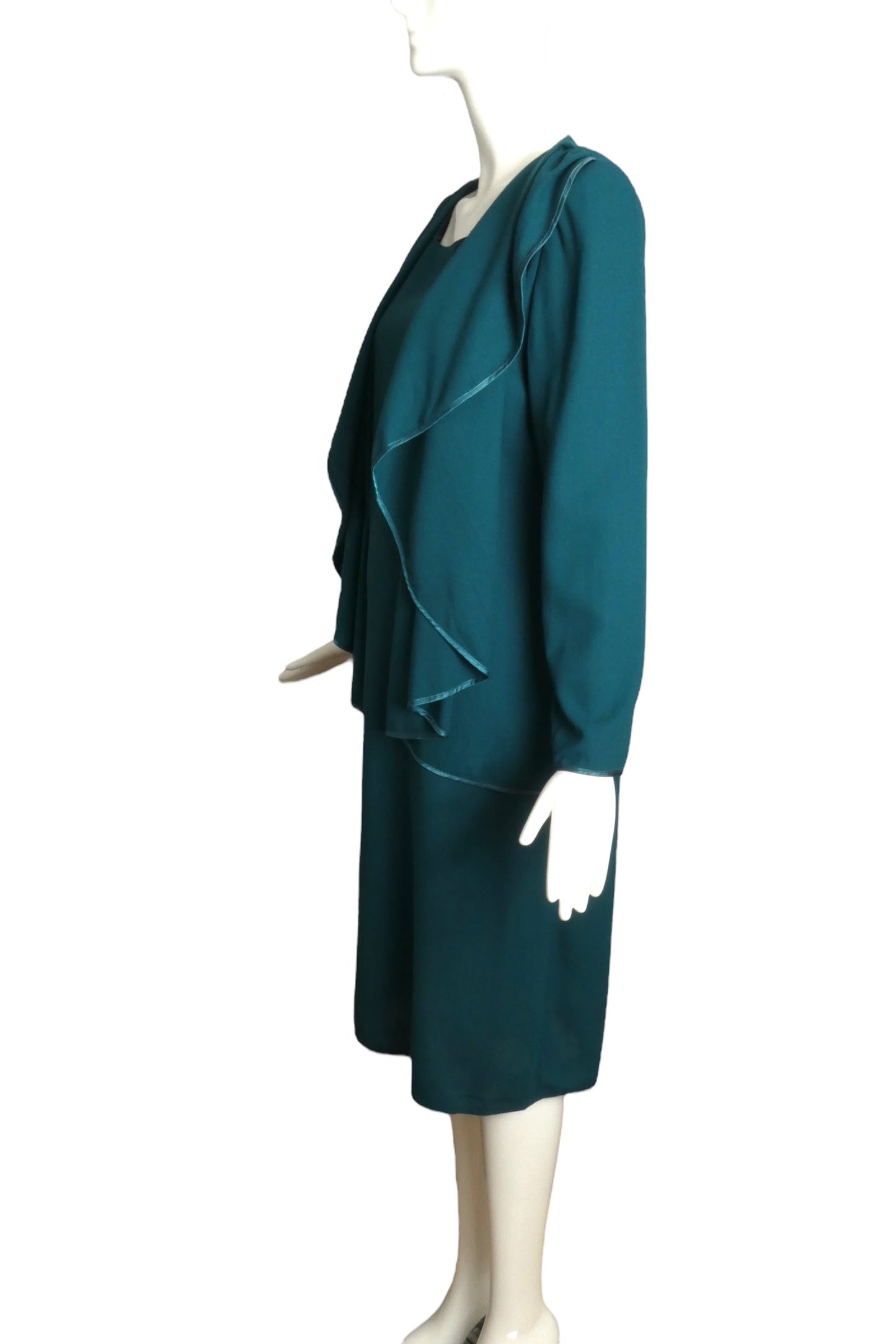 PIERRE CARDIN- 1980s Emerald Ruffled Wool Dress, Size 10