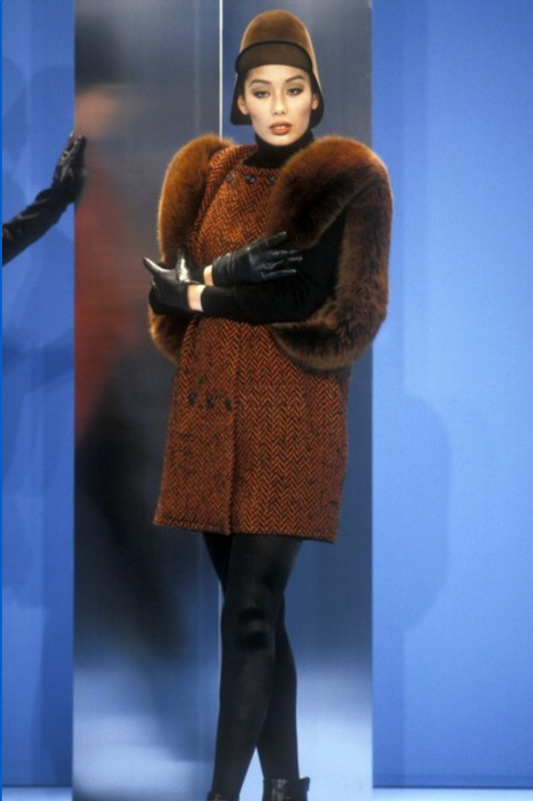 PIERRE CARDIN (HAUTE COUTURE)-1991 Wool Tweed & Fox Fur Coat, Size 8