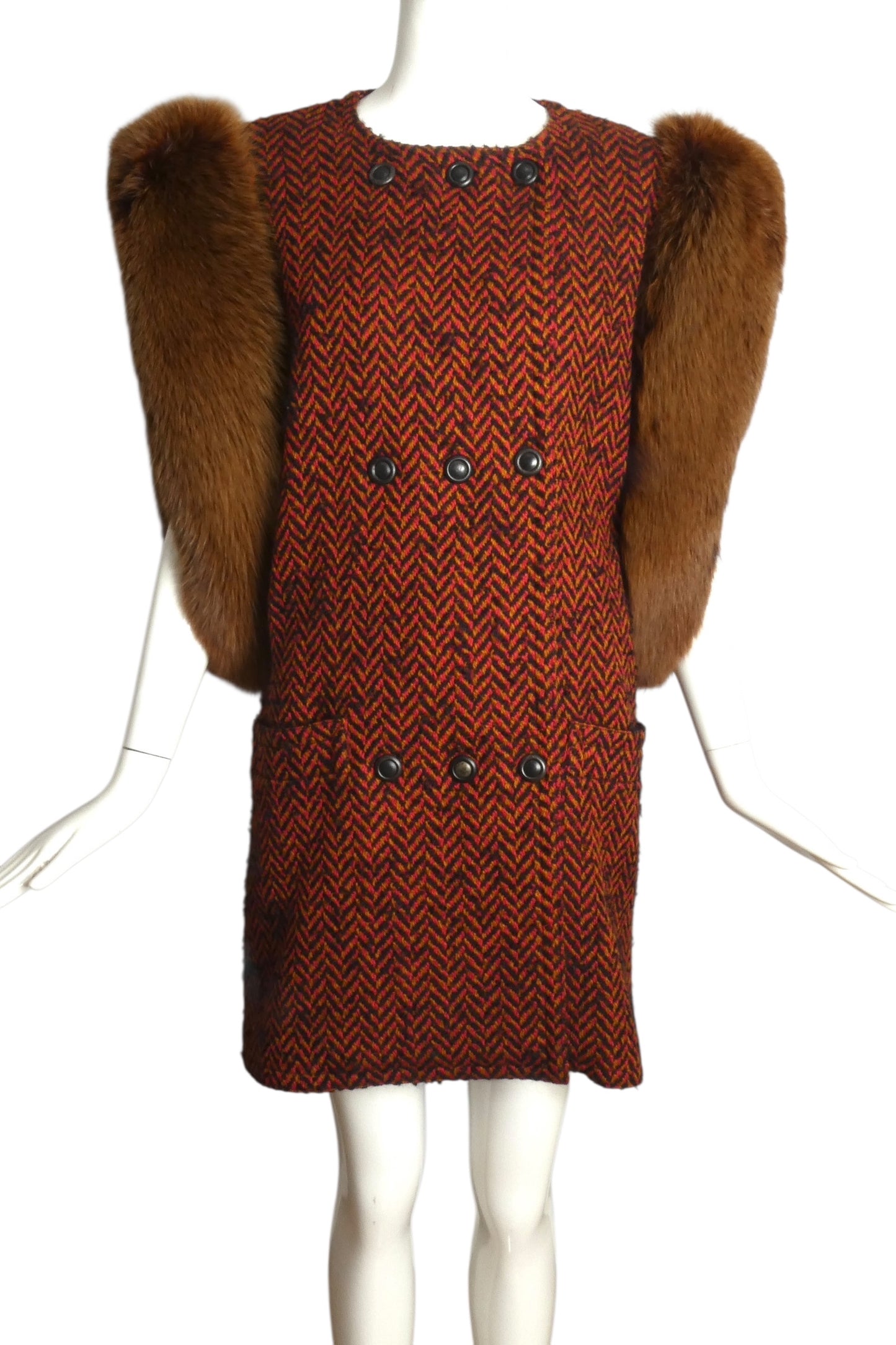 PIERRE CARDIN (HAUTE COUTURE)-1991 Wool Tweed & Fox Fur Coat, Size 8