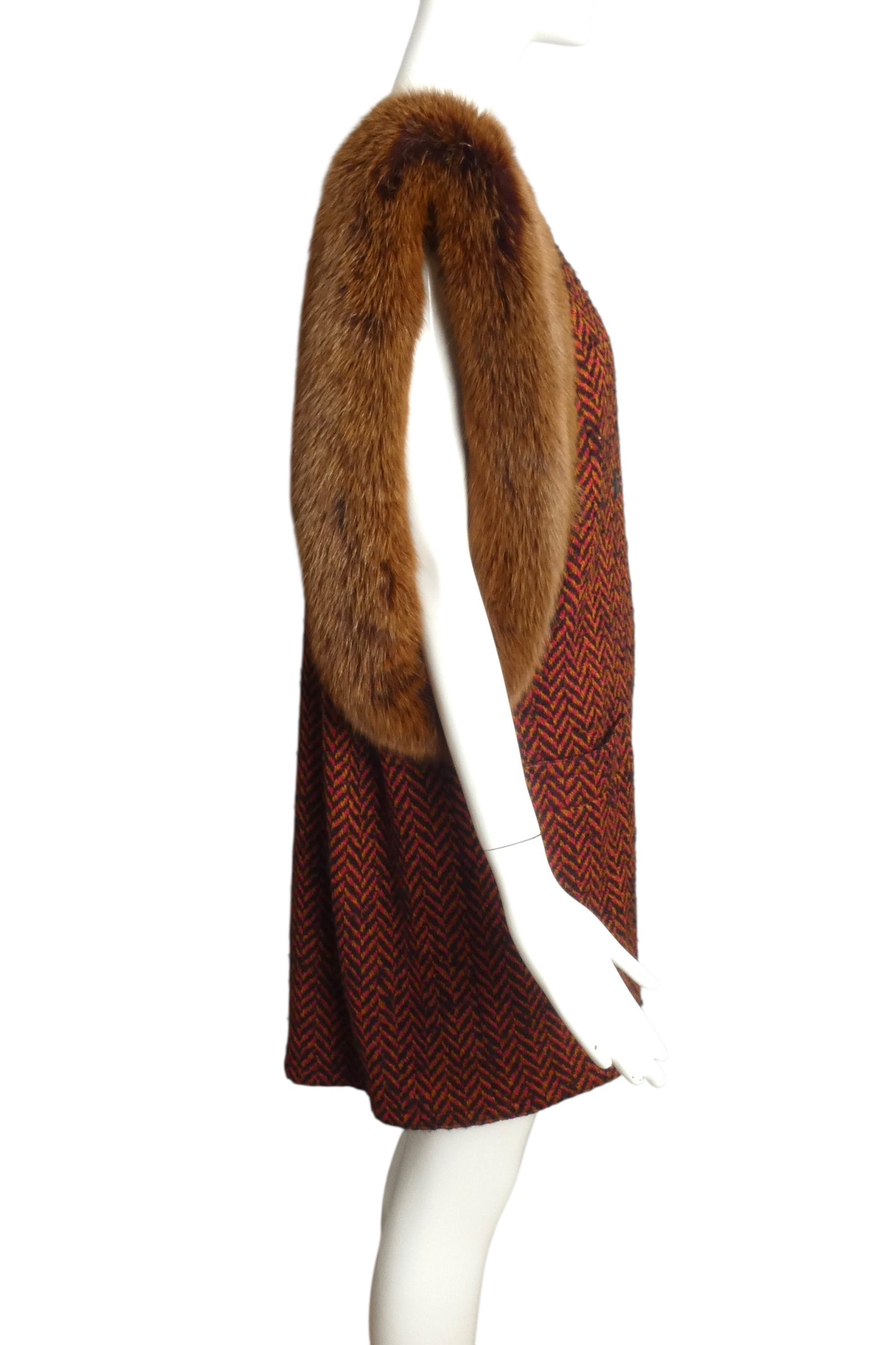 PIERRE CARDIN (HAUTE COUTURE)-1991 Wool Tweed & Fox Fur Coat, Size 8