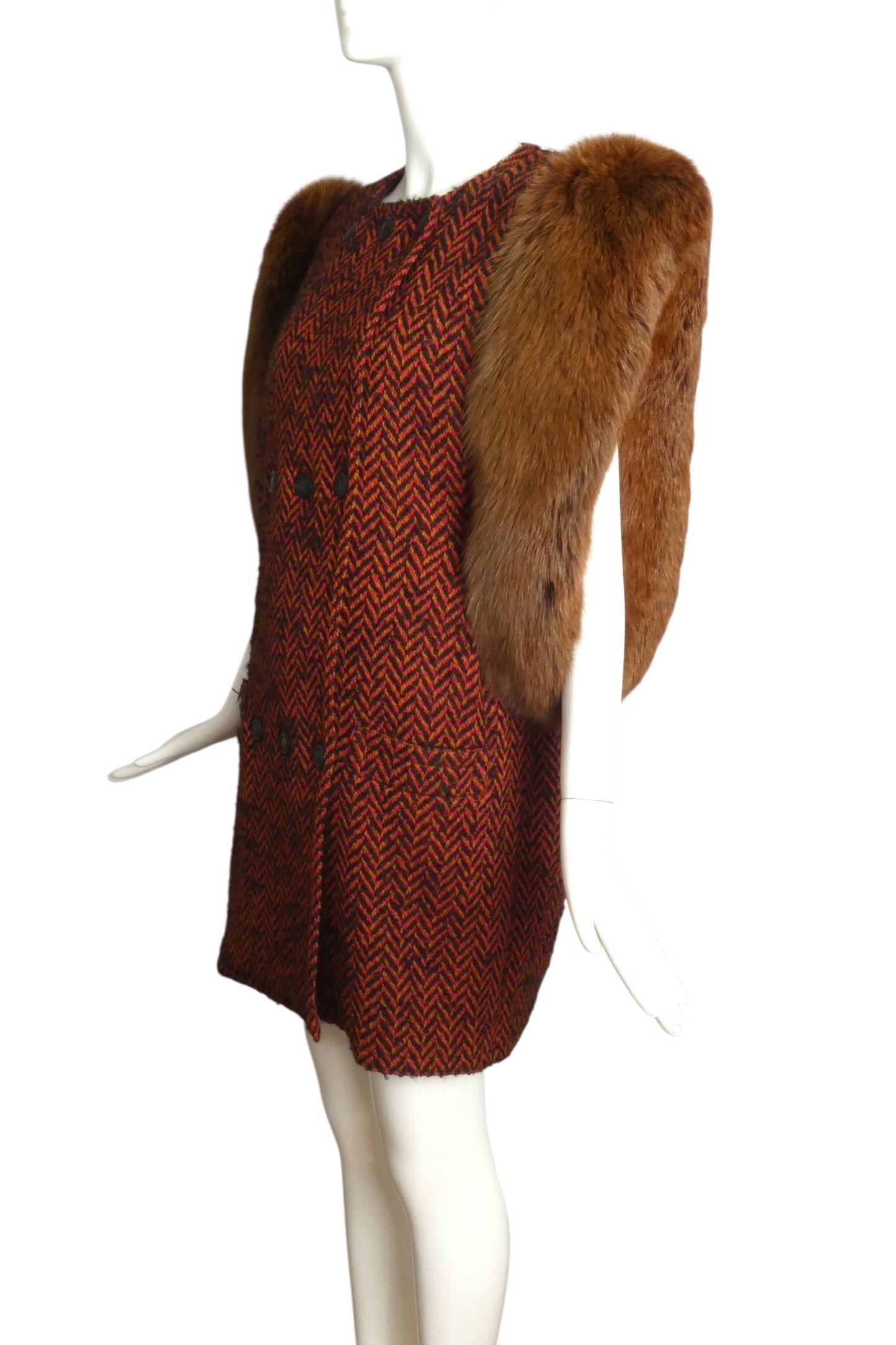 PIERRE CARDIN (HAUTE COUTURE)-1991 Wool Tweed & Fox Fur Coat, Size 8