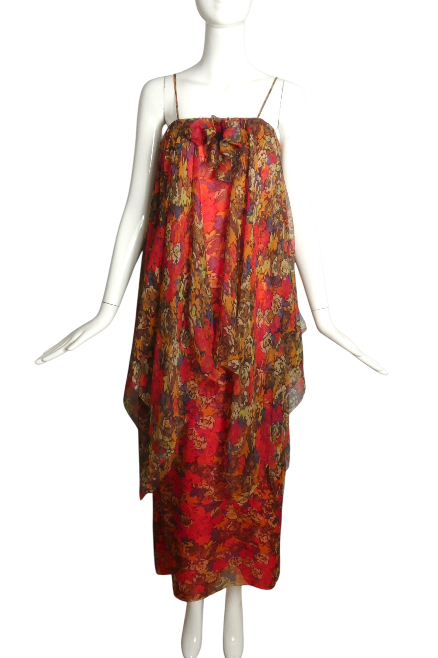 PIERRE CARDIN (HAUTE COUTURE)- 2005 Floral Chiffon Gown & Scarf, Size 6