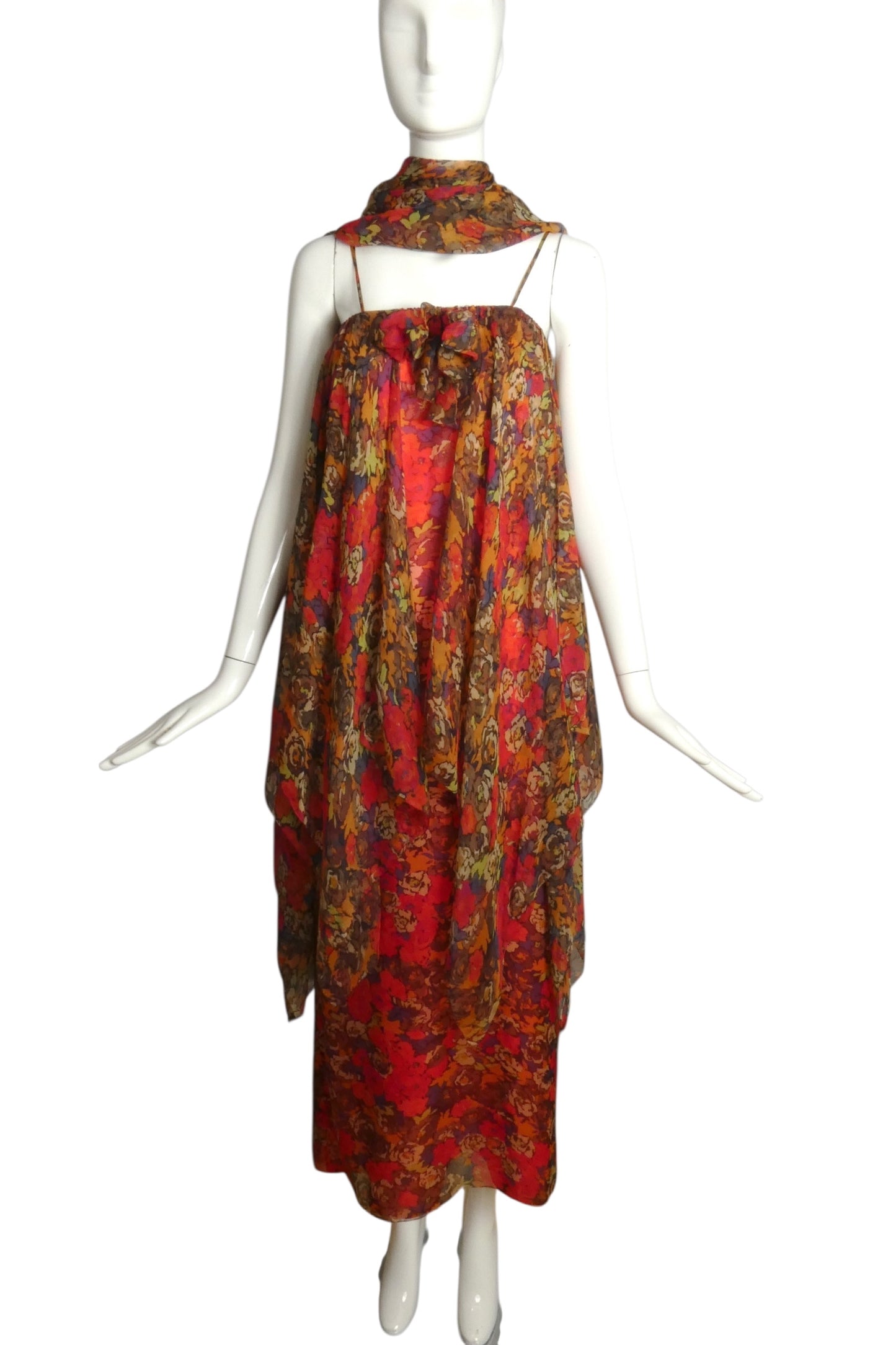 PIERRE CARDIN (HAUTE COUTURE)- 2005 Floral Chiffon Gown & Scarf, Size 6