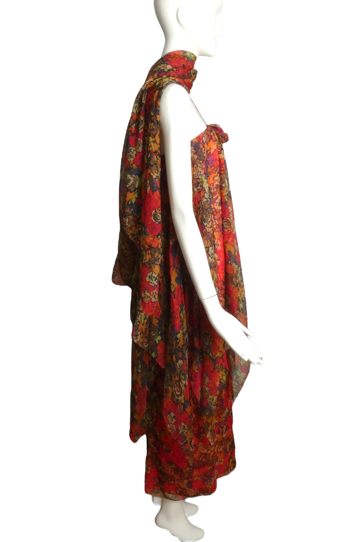 PIERRE CARDIN (HAUTE COUTURE)- 2005 Floral Chiffon Gown & Scarf, Size 6