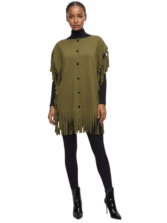 1980s Olive Wool Fringe Tunic, Size 8
