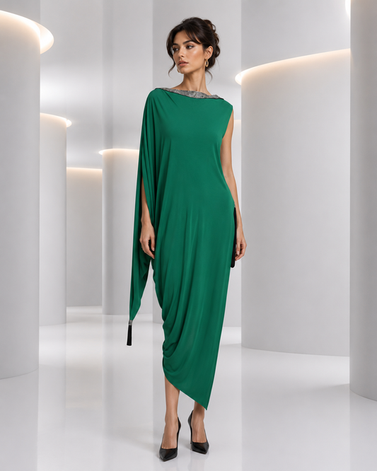 PIERRE CARDIN - 2000 Green Crepe Tassel Dress, Size 4