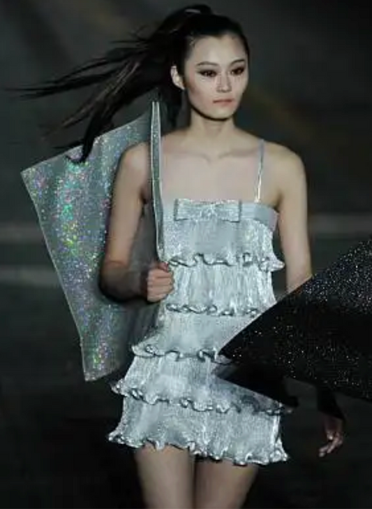 PIERRE CARDIN (HAUTE COUTURE)- 2011 Silver Ruffle Lame Mini Dress, Size 2
