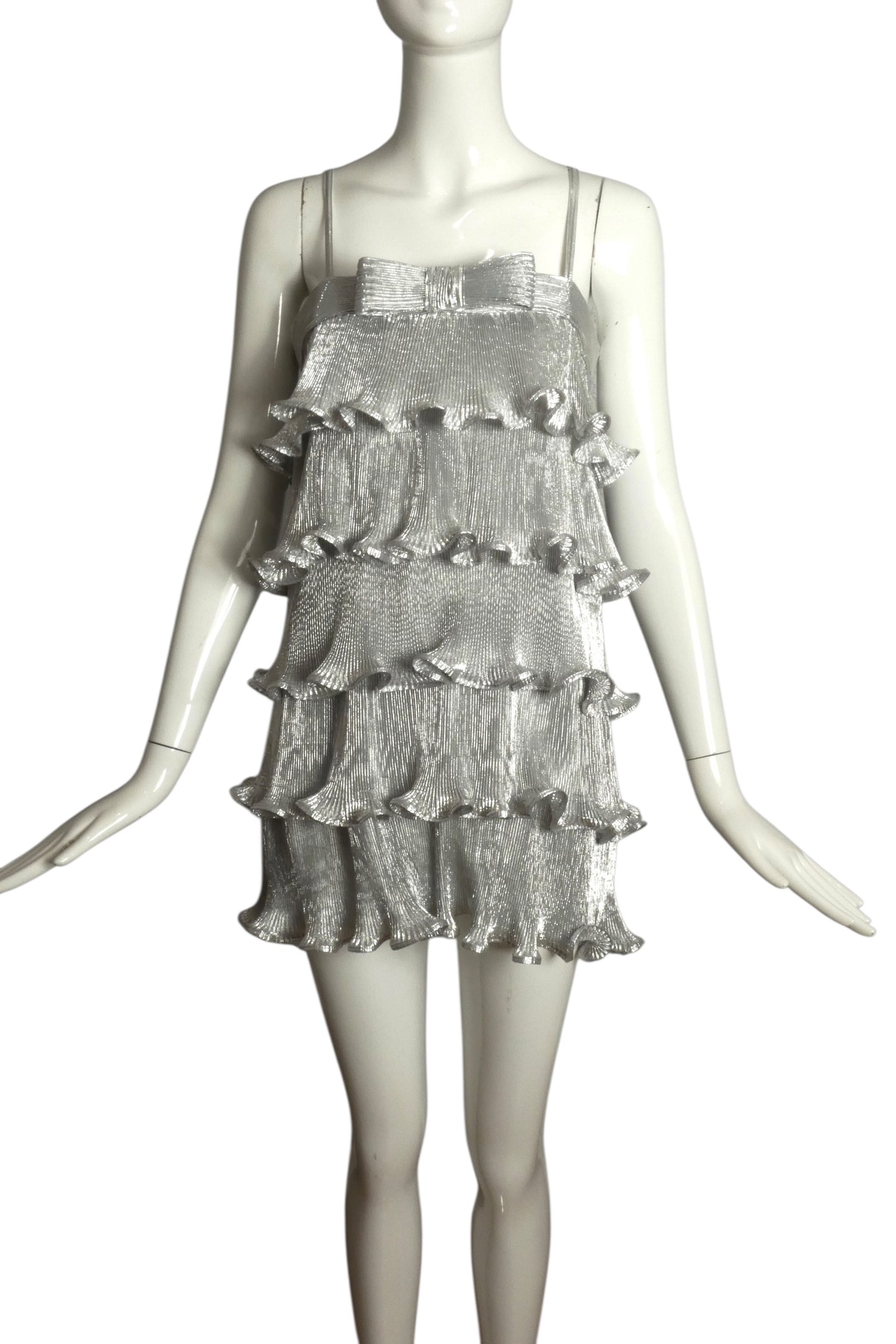 PIERRE CARDIN (HAUTE COUTURE)- 2011 Silver Ruffle Lame Mini Dress, Size 2