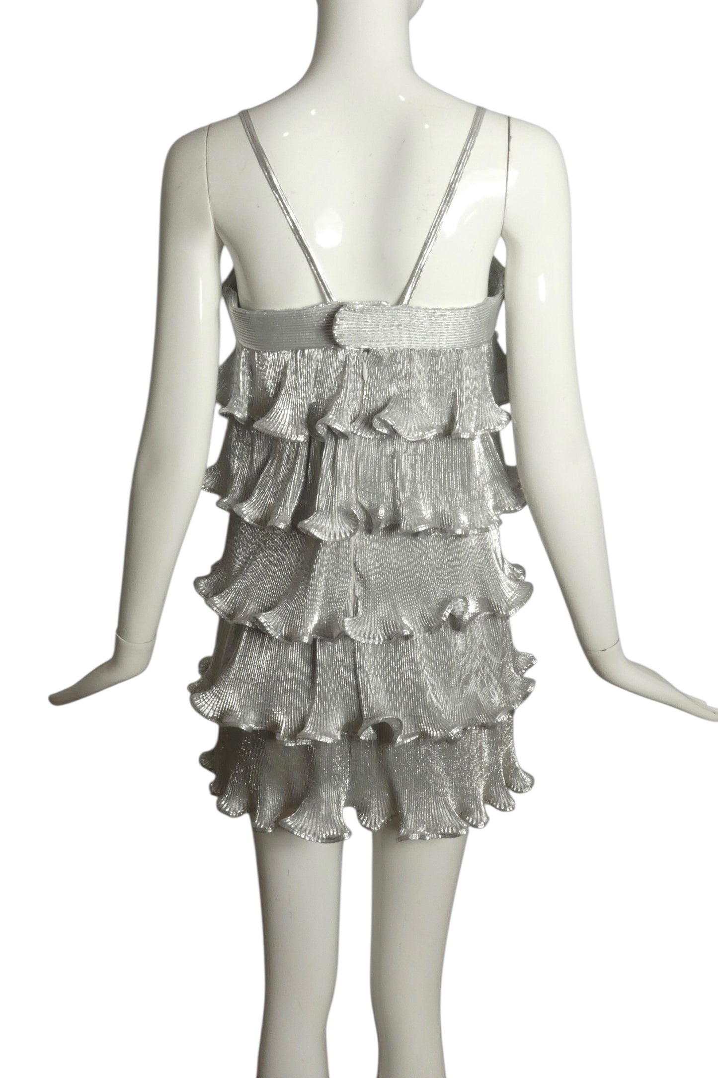 PIERRE CARDIN (HAUTE COUTURE)- 2011 Silver Ruffle Lame Mini Dress, Size 2
