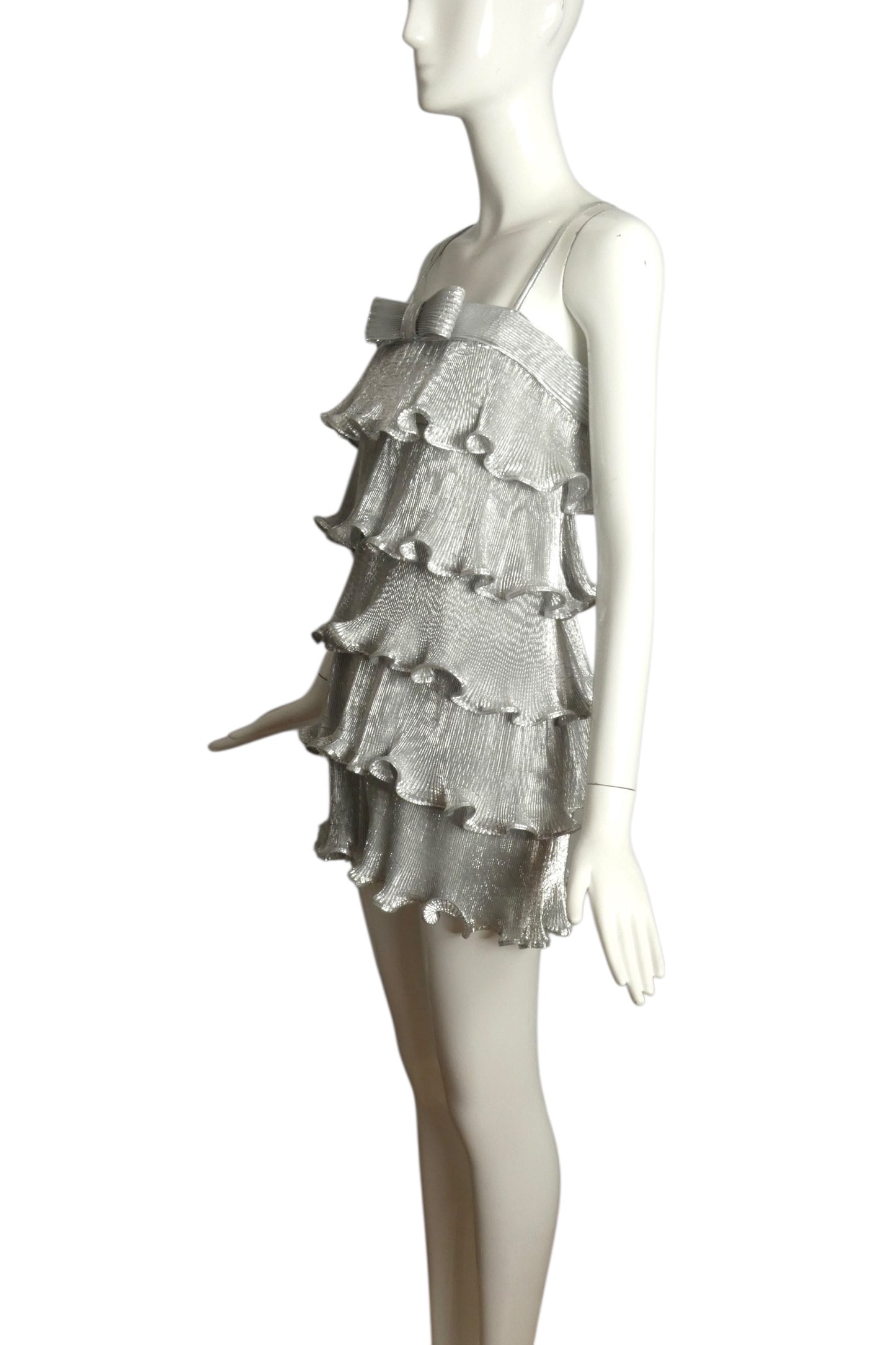 PIERRE CARDIN (HAUTE COUTURE)- 2011 Silver Ruffle Lame Mini Dress, Size 2