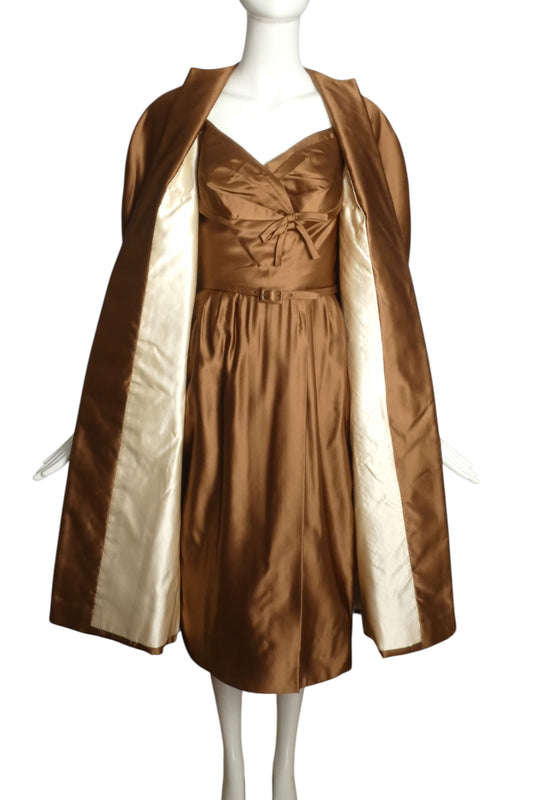 MAURICE RENTNER- 1950s 2pc Satin Coat & Dress Ensemble, Size 2