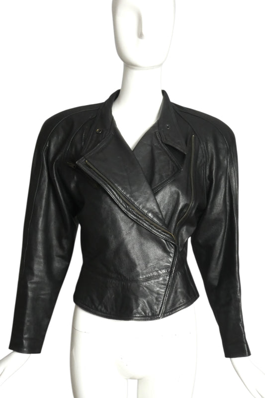 MICHAEL HOBAN- 1980s Black Leather Biker Jacket, Size 6