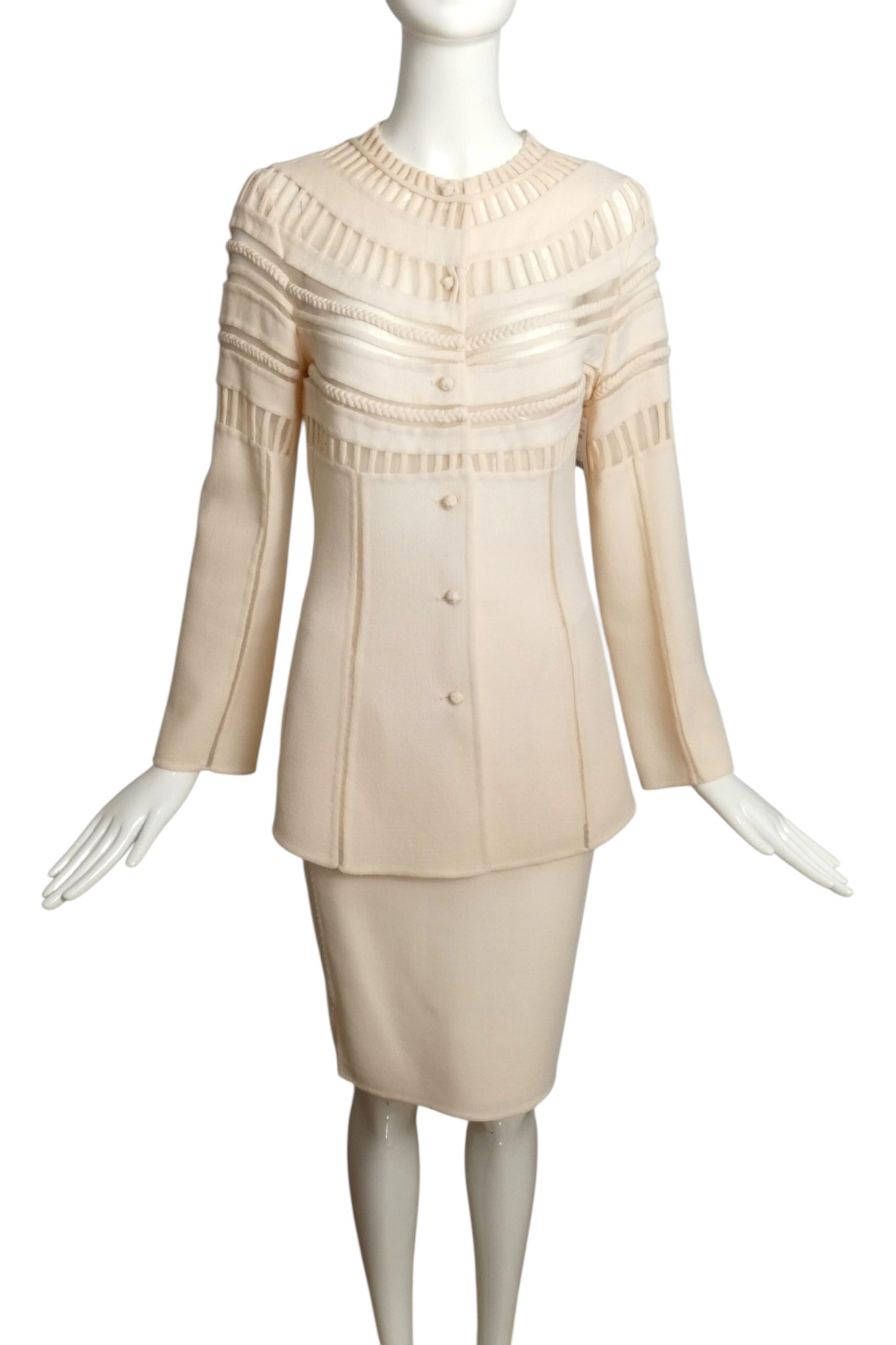 CHADO- 2011 Ivory Wool Cutwork Skirt Suit, Size 6