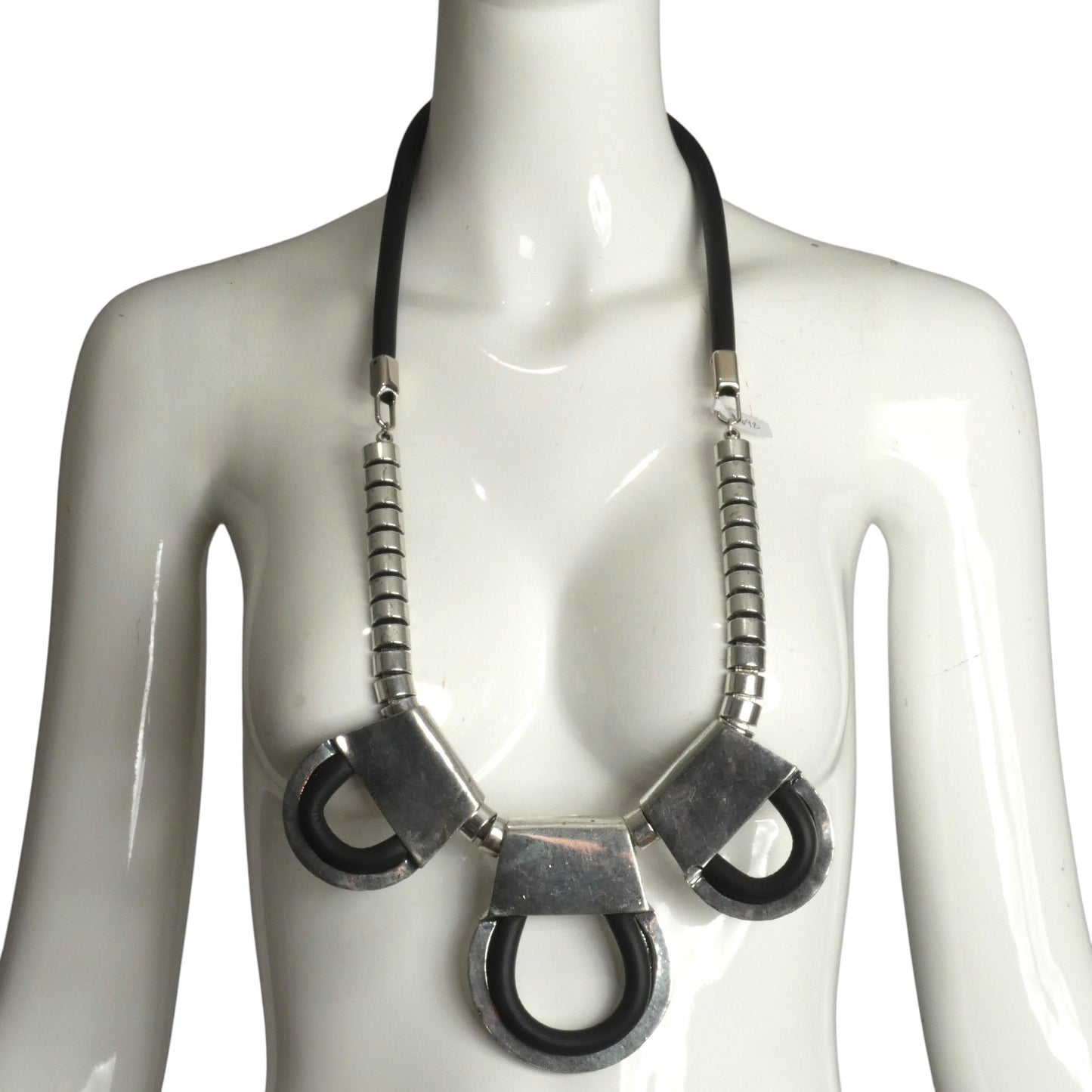 PIERRE CARDIN-2011 Silver Metal & Black Rubber Statement Necklace