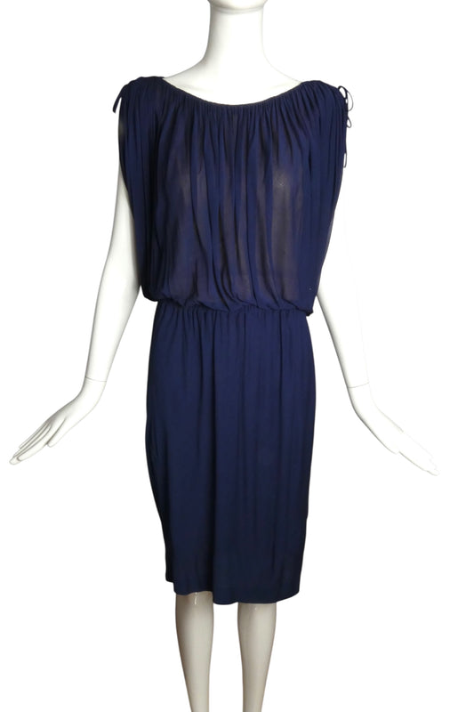 HALSTON- 1970s Blue Silk Jersey Pleat Dress, Size 8