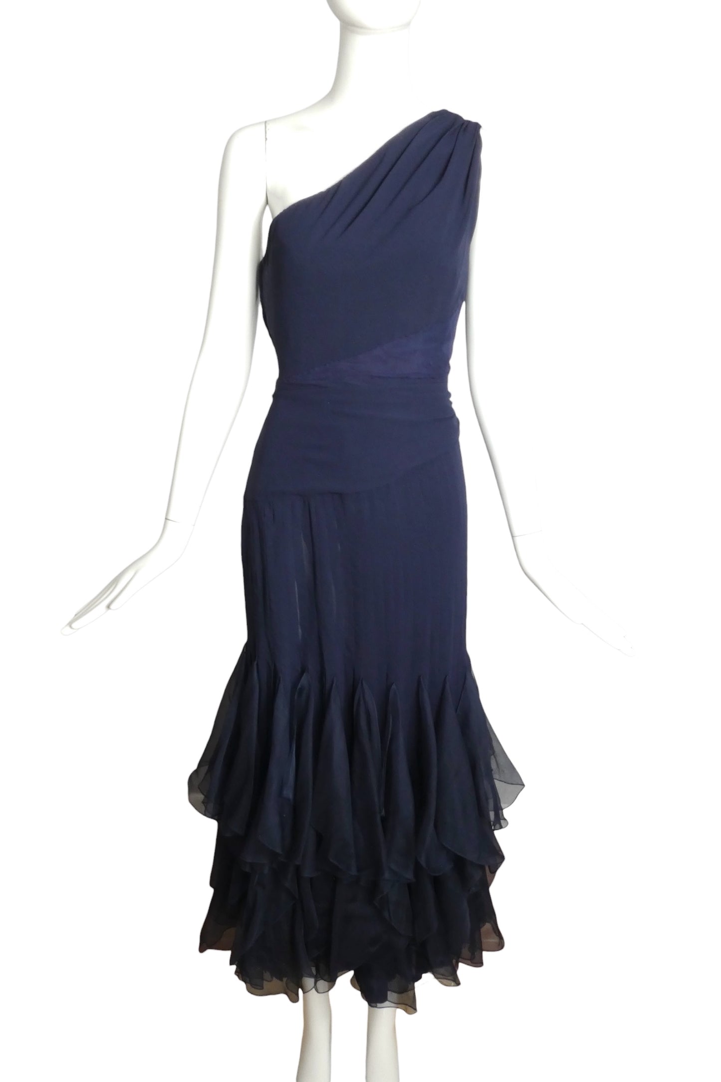 VALENTINO- 1995 Navy Organza One Shoulder Dress, Size 8