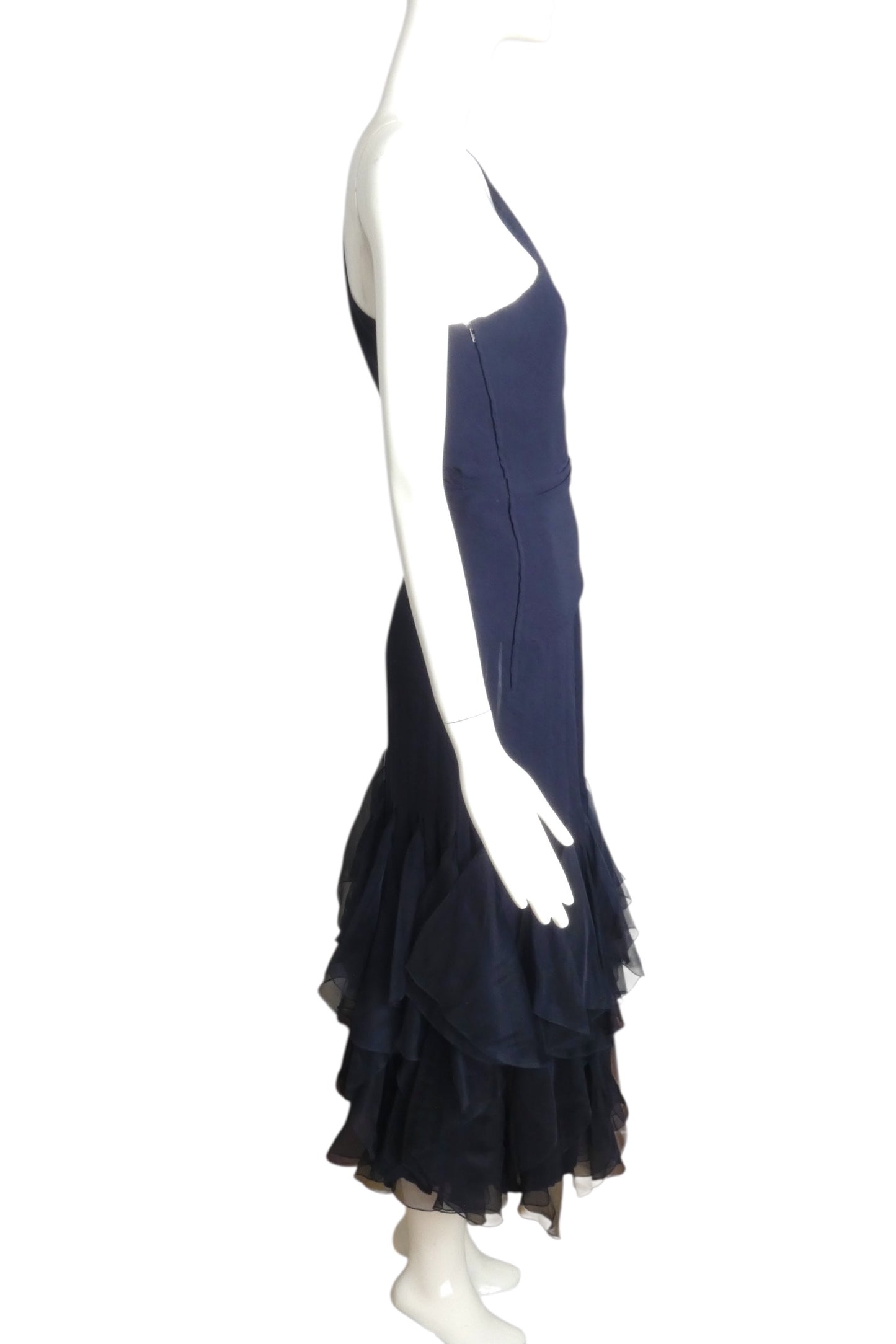 VALENTINO- 1995 Navy Organza One Shoulder Dress, Size 8
