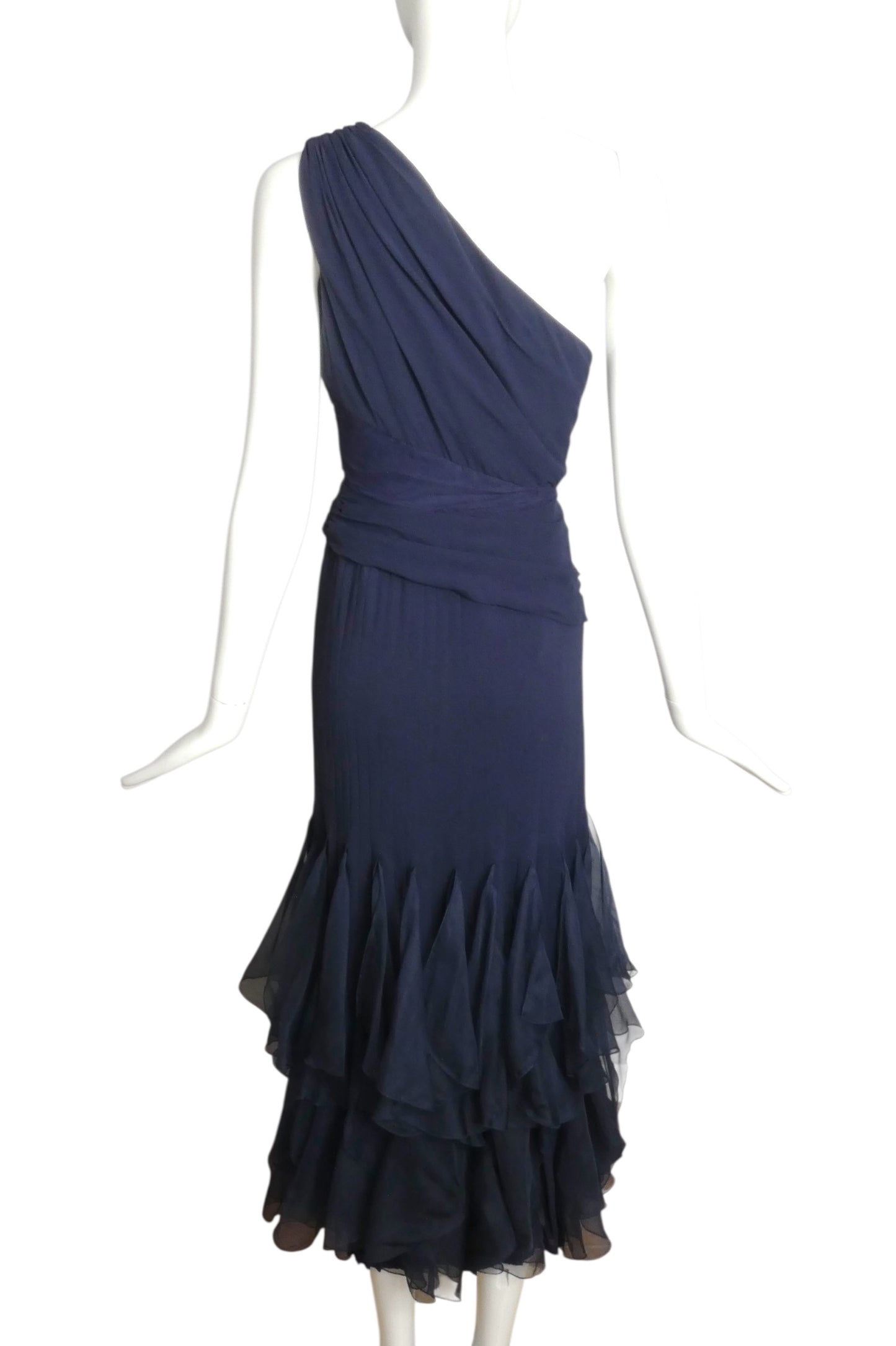 VALENTINO- 1995 Navy Organza One Shoulder Dress, Size 8