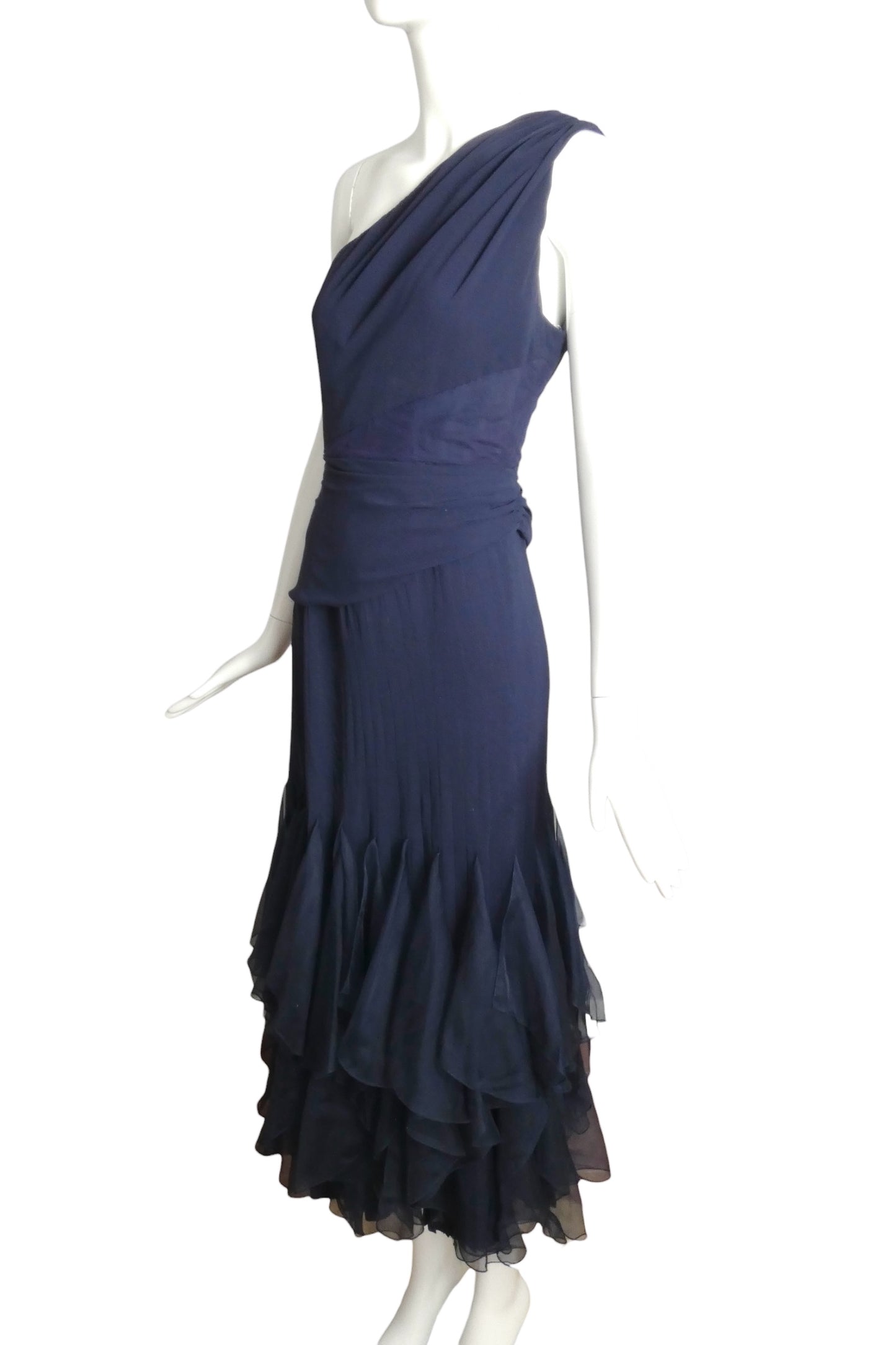 VALENTINO- 1995 Navy Organza One Shoulder Dress, Size 8