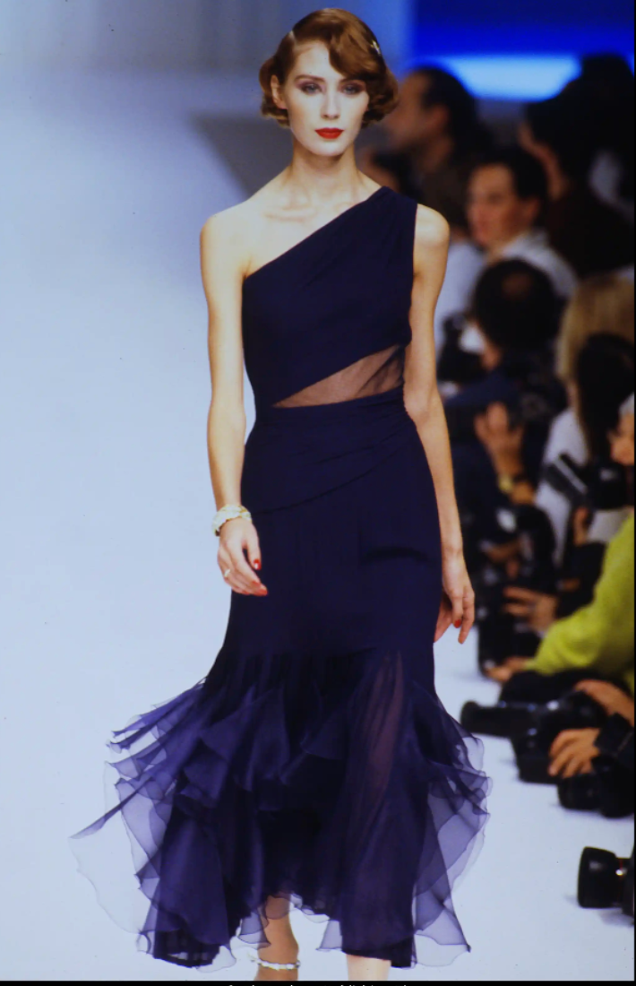 VALENTINO- 1995 Navy Organza One Shoulder Dress, Size 8