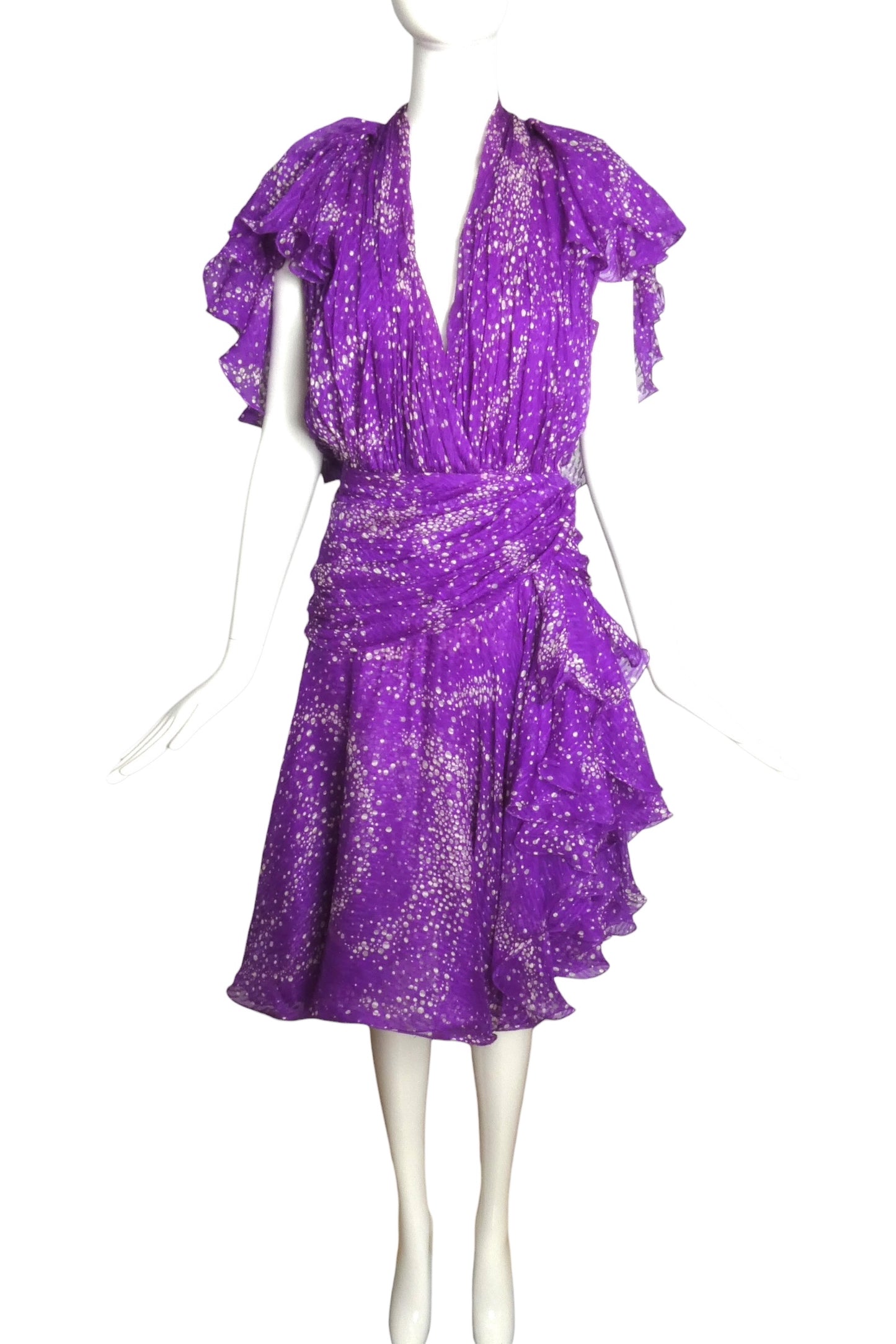 JACQUELINE DE RIBES- 1986 Printed Silk Ruffle Dress, Size 6