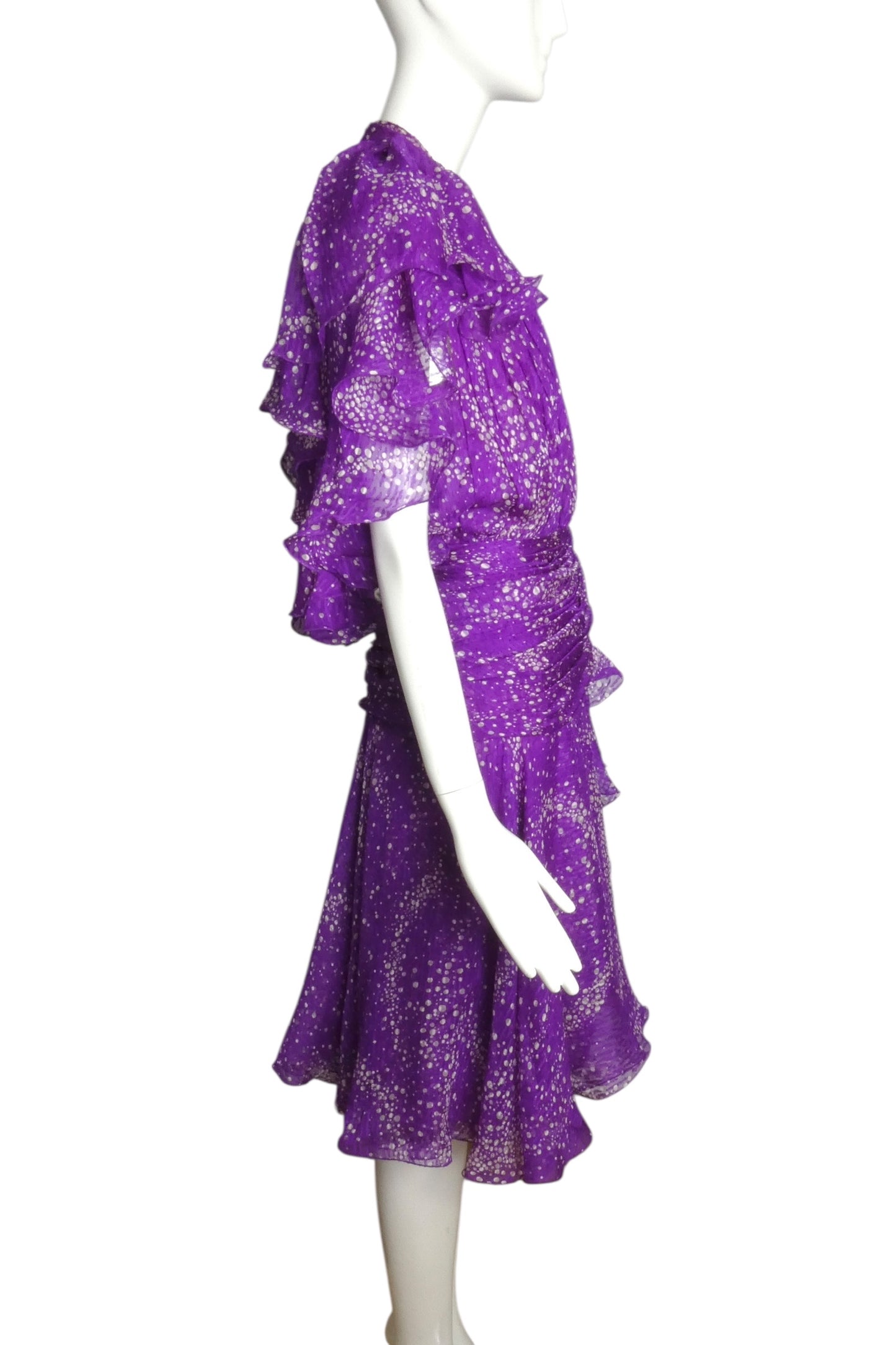 JACQUELINE DE RIBES- 1986 Printed Silk Ruffle Dress, Size 6