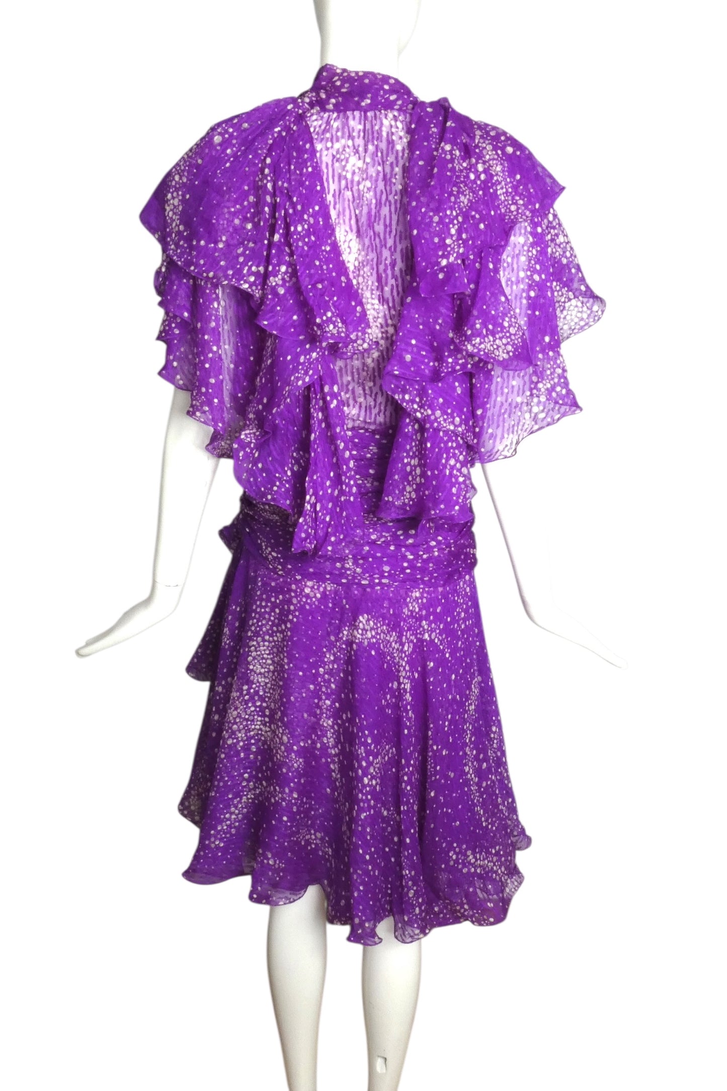 JACQUELINE DE RIBES- 1986 Printed Silk Ruffle Dress, Size 6