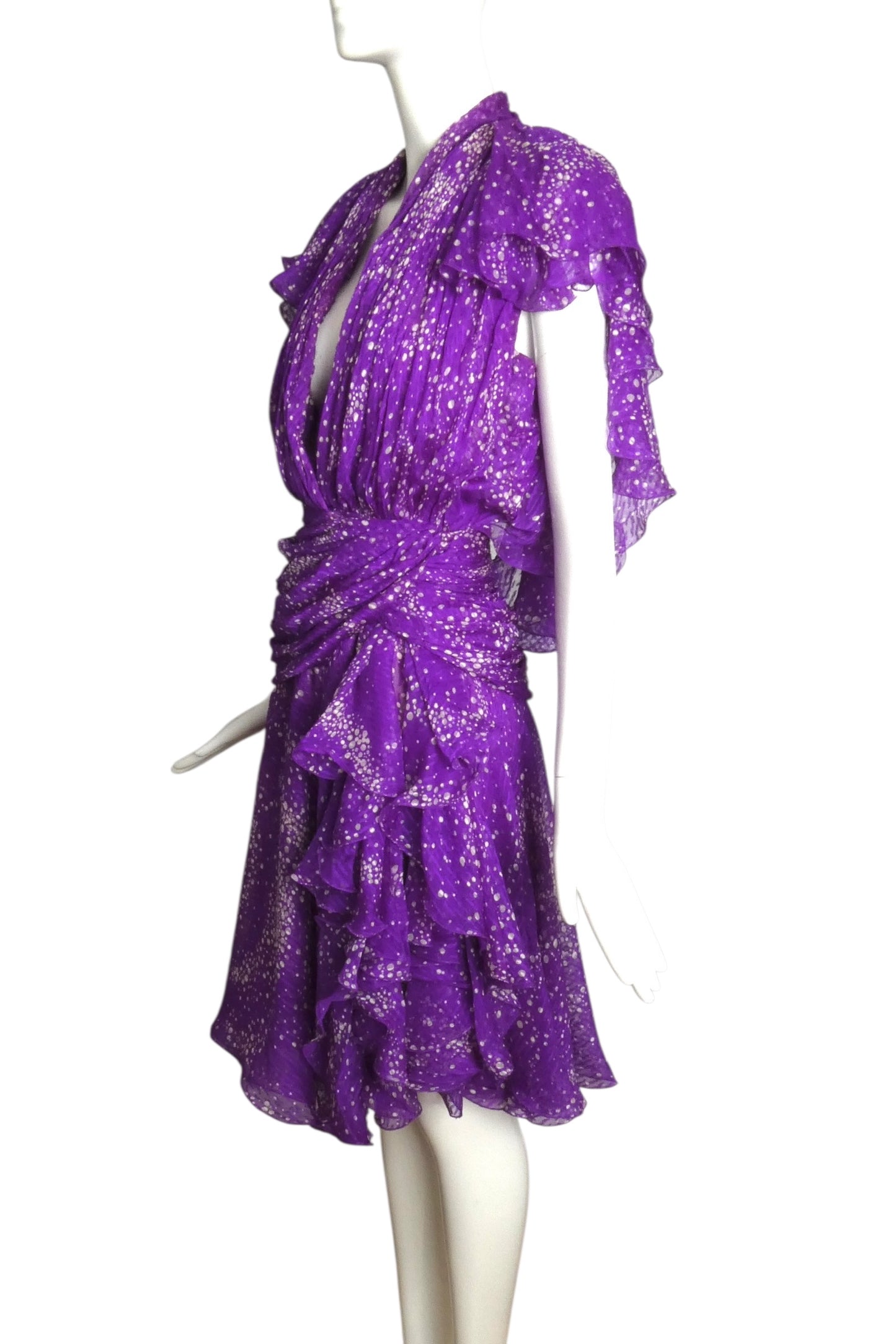 JACQUELINE DE RIBES- 1986 Printed Silk Ruffle Dress, Size 6