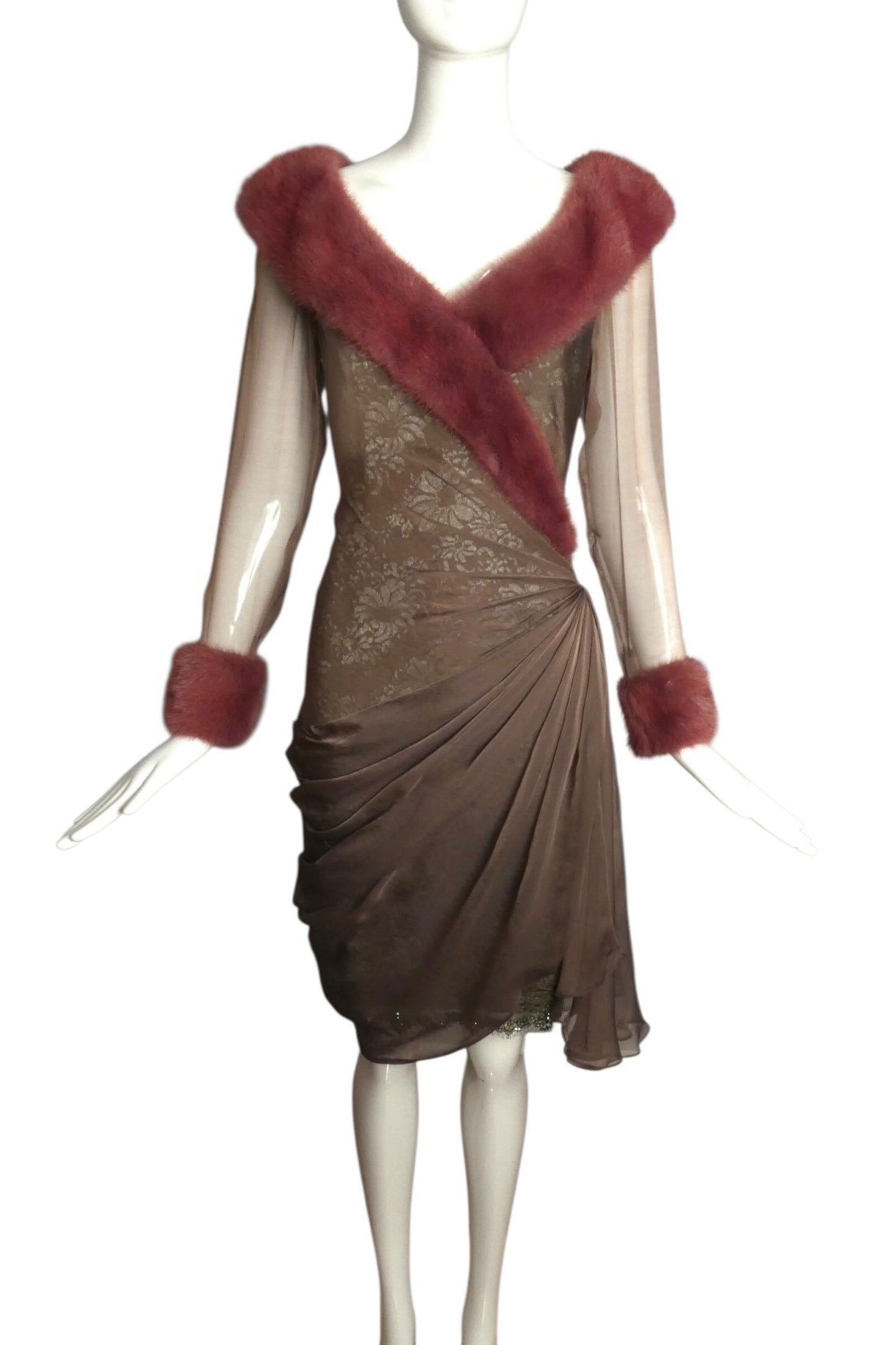 JEAN-LOUIS SCHERRER HAUTE COUTURE- 1988 Lace, Chiffon & Fur Cocktail Dress, Size 6