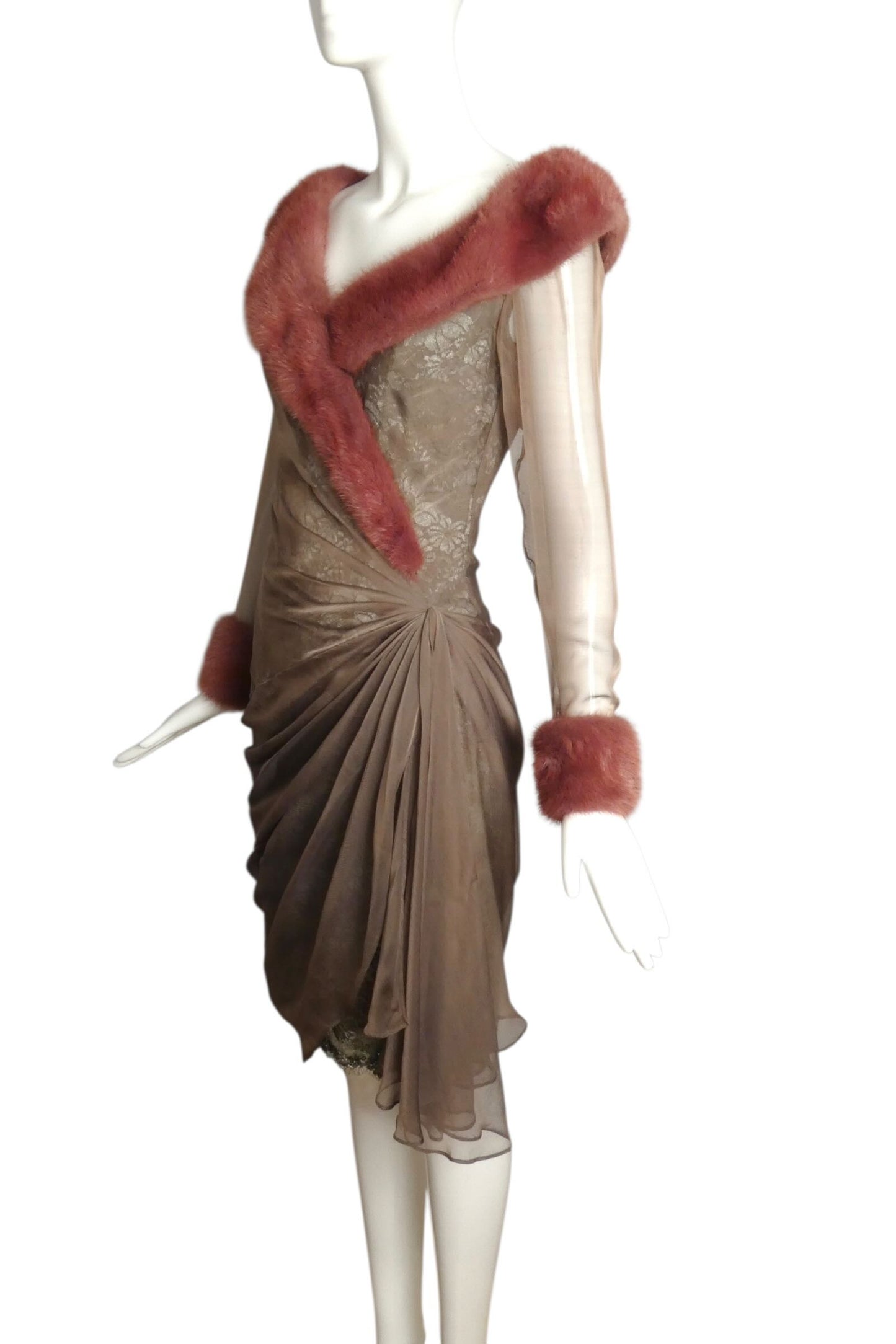 JEAN-LOUIS SCHERRER HAUTE COUTURE- 1988 Lace, Chiffon & Fur Cocktail Dress, Size 6