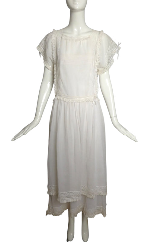 GINA FRATINI- 1980s White Cotton Tiered Dress, Size 4
