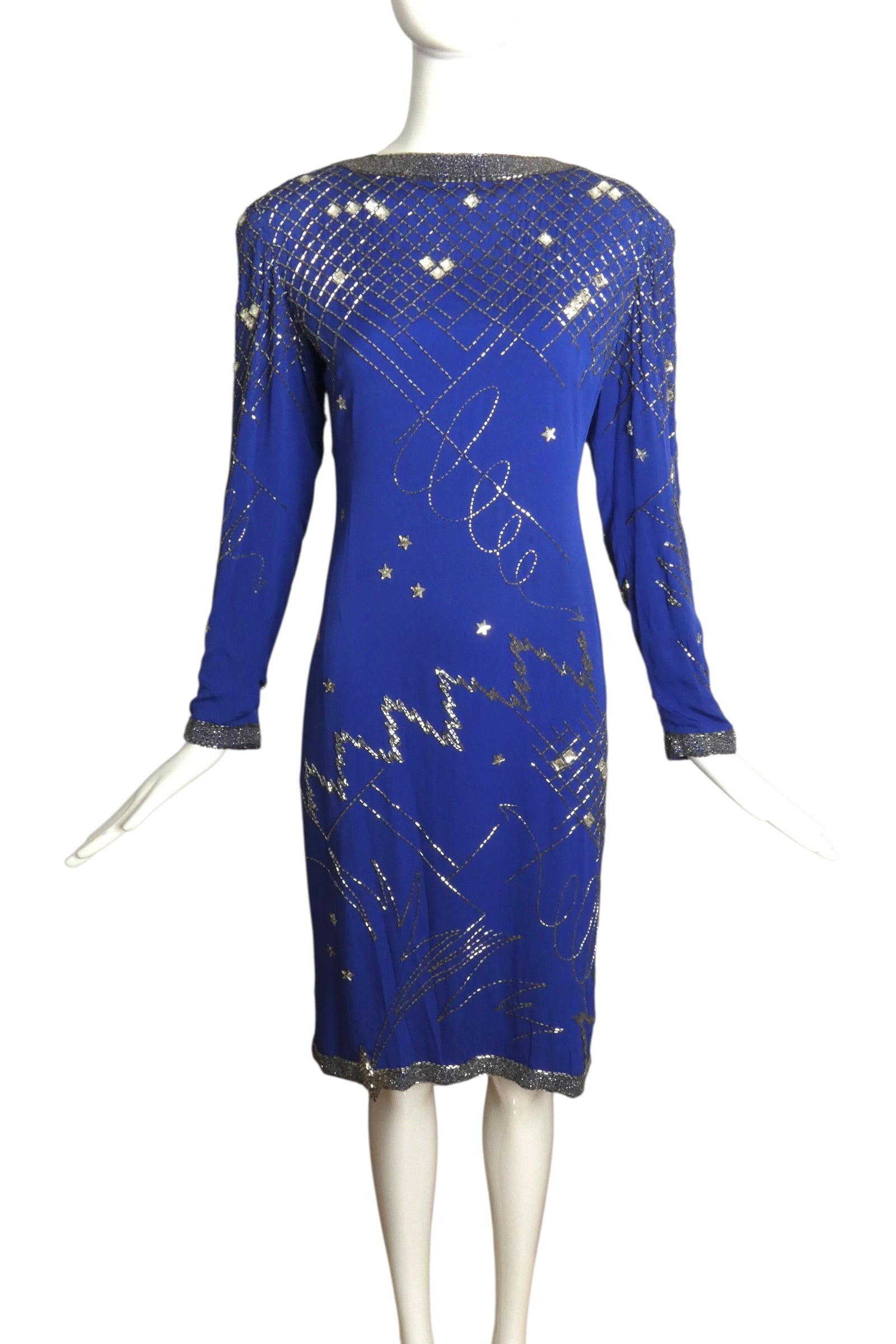 1980s cocktail dress Vintage Blue and White Floral Silk Long Sleeve Dress, S Ian Drummond Vintage The dress is made of a sheer floral material and lined Vintage Dresses 1980 Cocktail Dress
