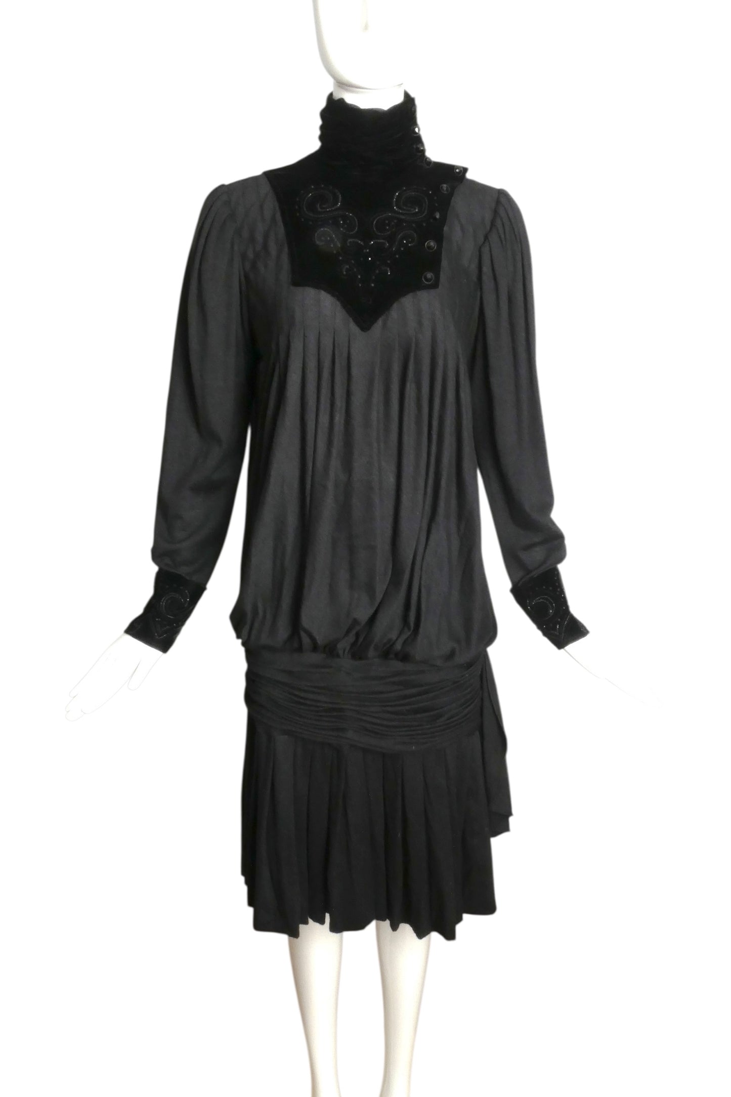 EMANUEL UNGARO HAUTE COUTURE- 1985 Black Knit & Velvet Drop Waist Dress, Size 10