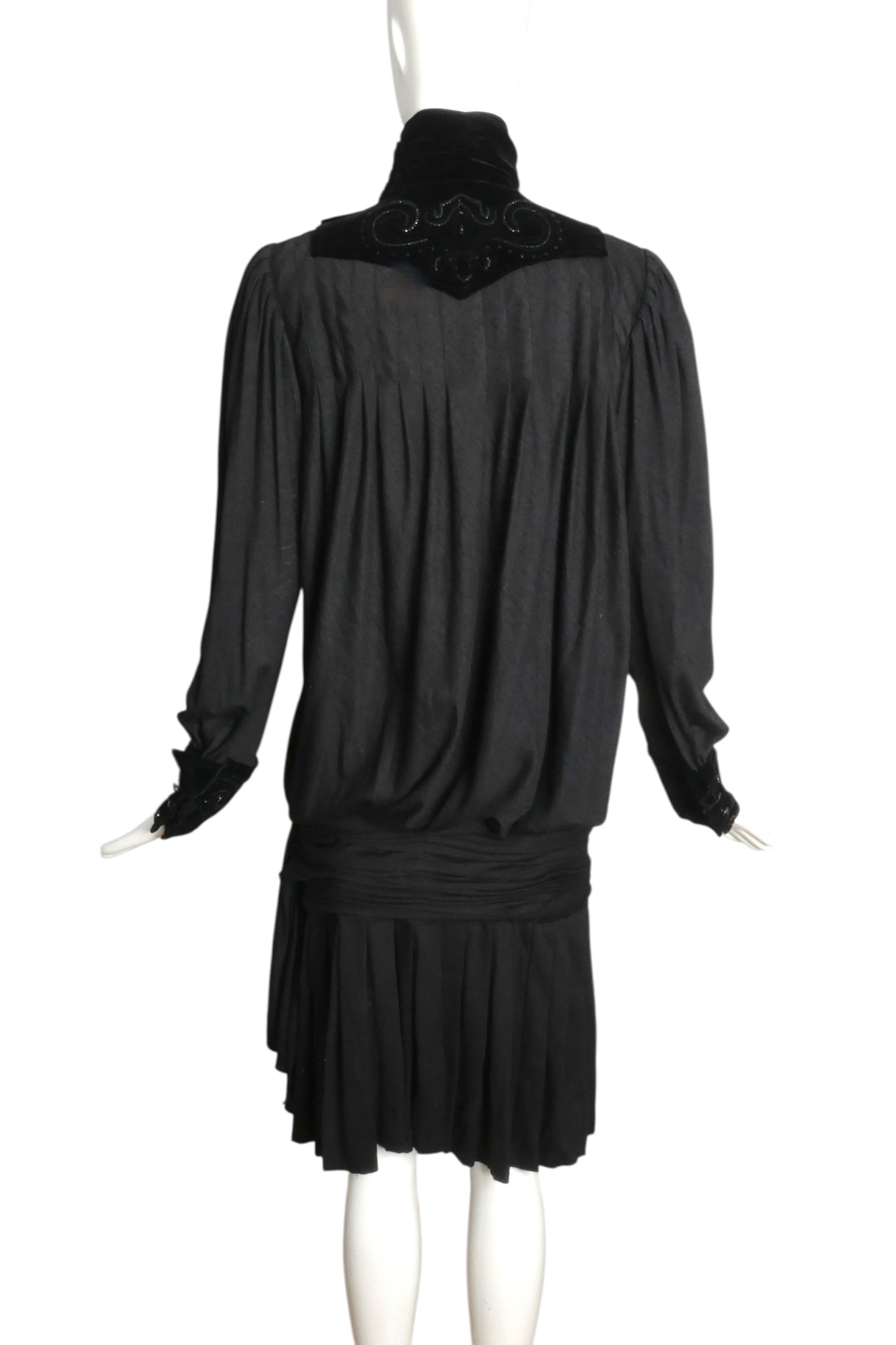 EMANUEL UNGARO HAUTE COUTURE- 1985 Black Knit & Velvet Drop Waist Dress, Size 10