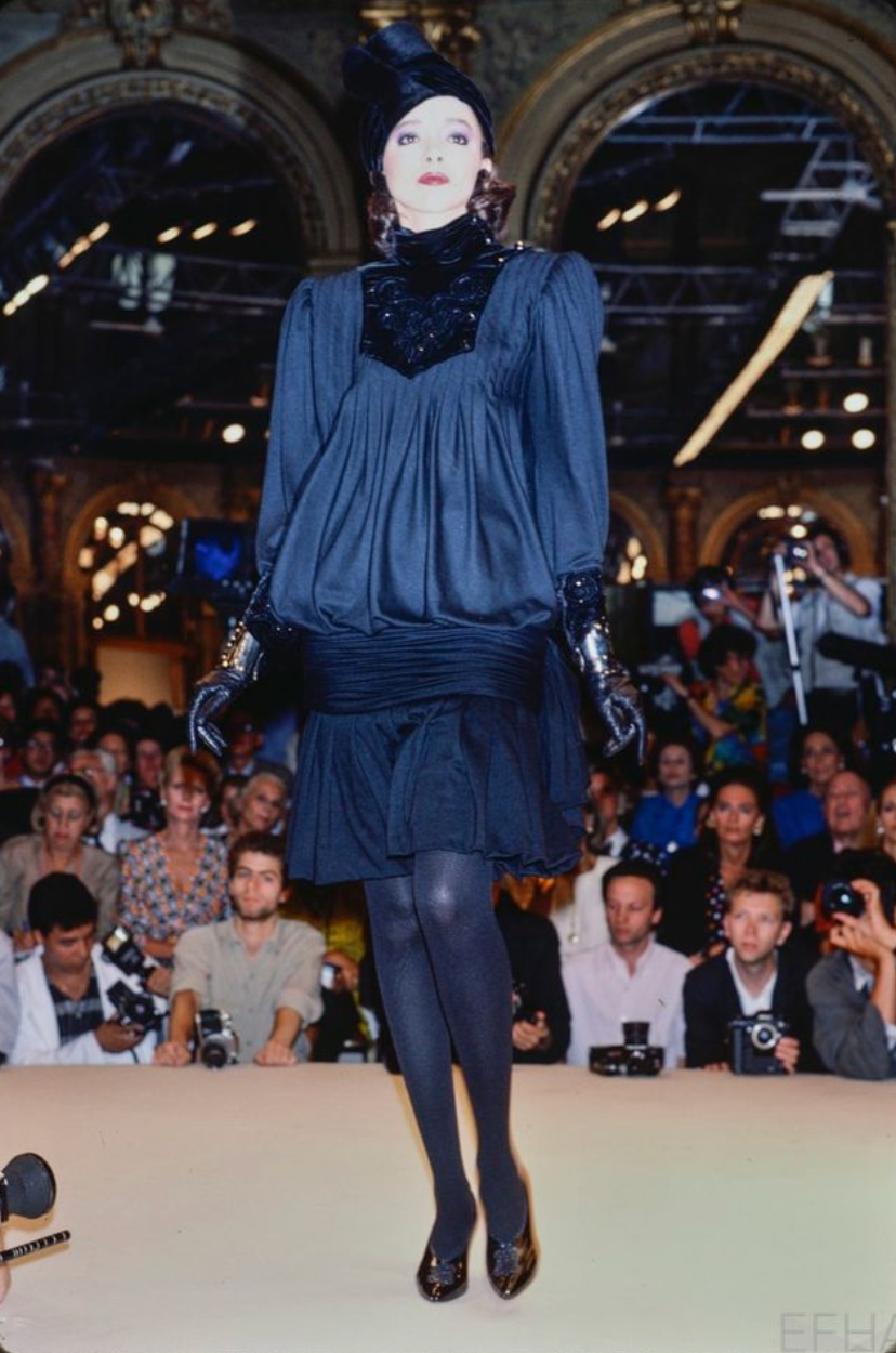 EMANUEL UNGARO HAUTE COUTURE- 1985 Black Knit & Velvet Drop Waist Dress, Size 10