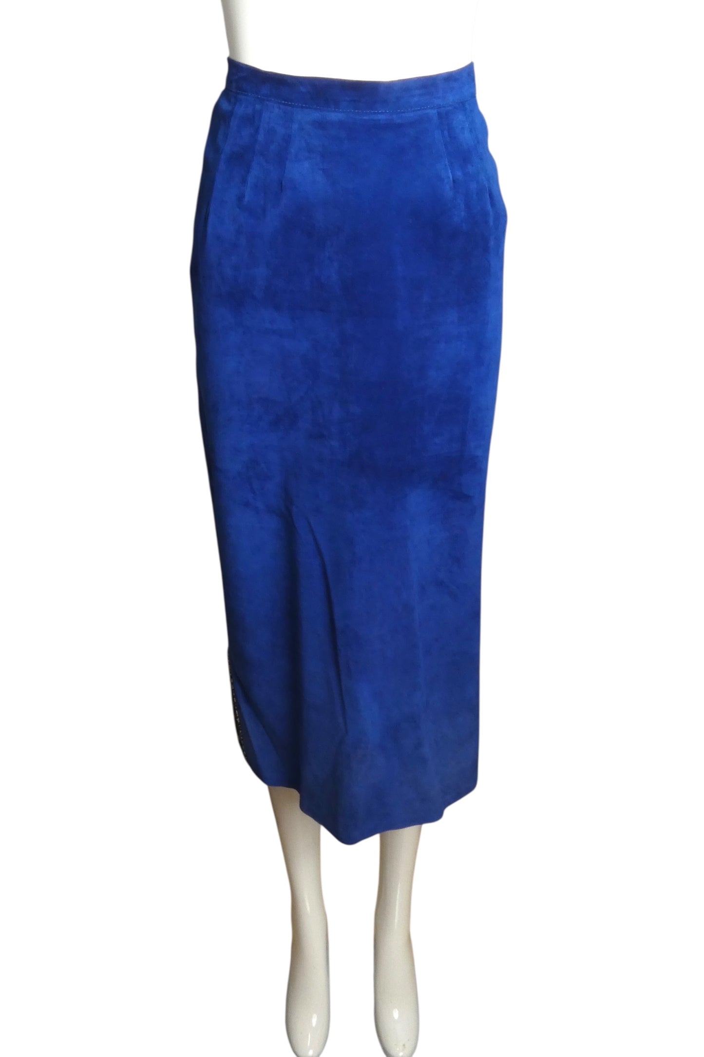 GOSAMMER WINGS- 1980s Blue Suede Fringe Skirt Suit, Size 4