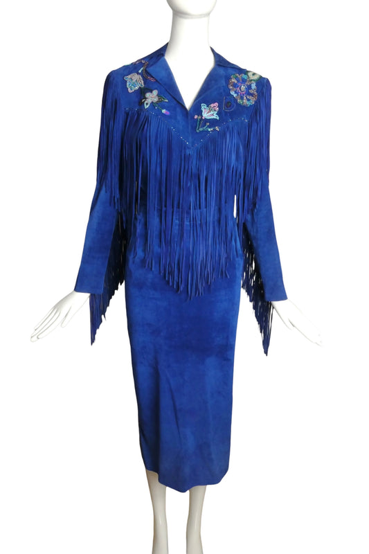 GOSAMMER WINGS- 1980s Blue Suede Fringe Skirt Suit, Size 4
