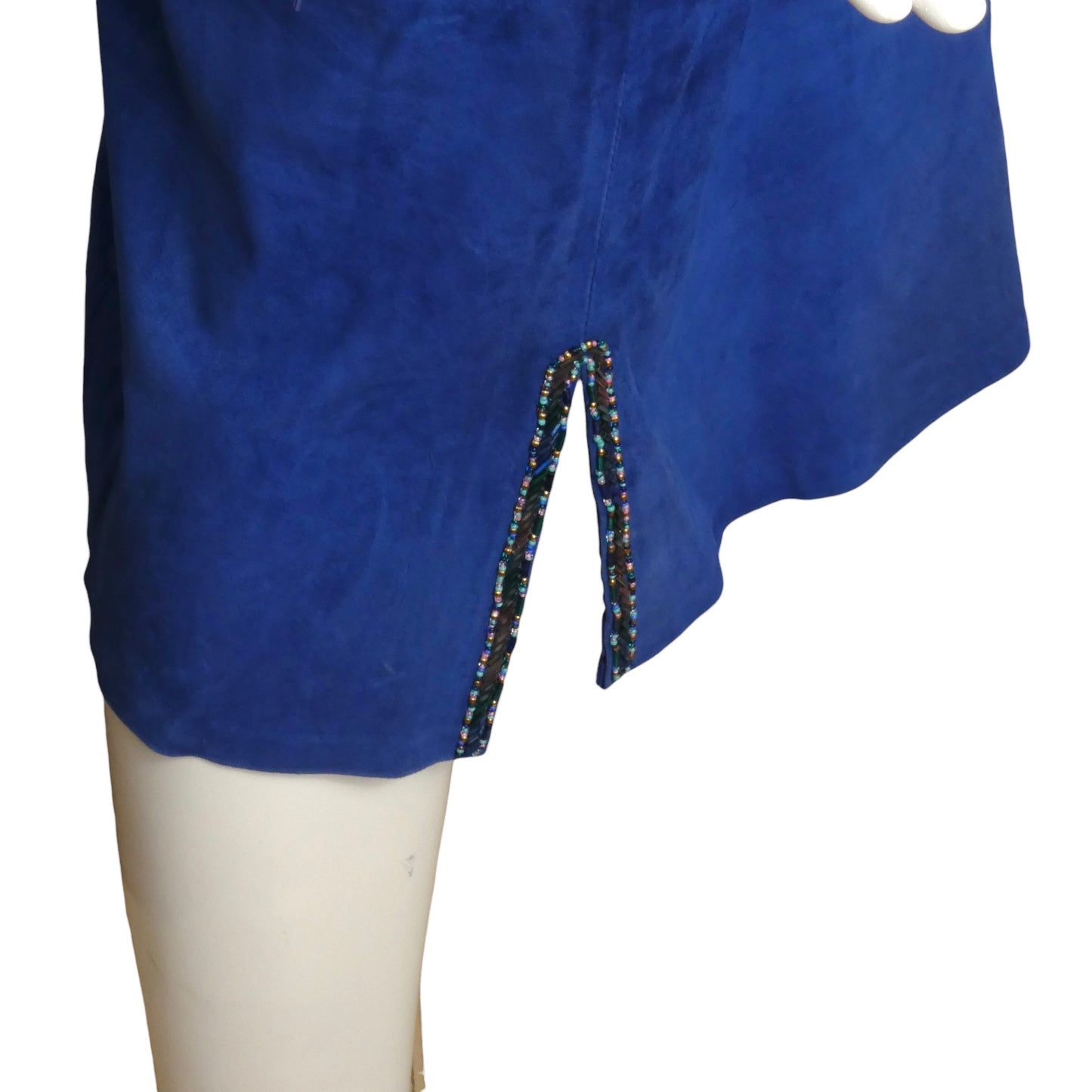 GOSAMMER WINGS- 1980s Blue Suede Fringe Skirt Suit, Size 4