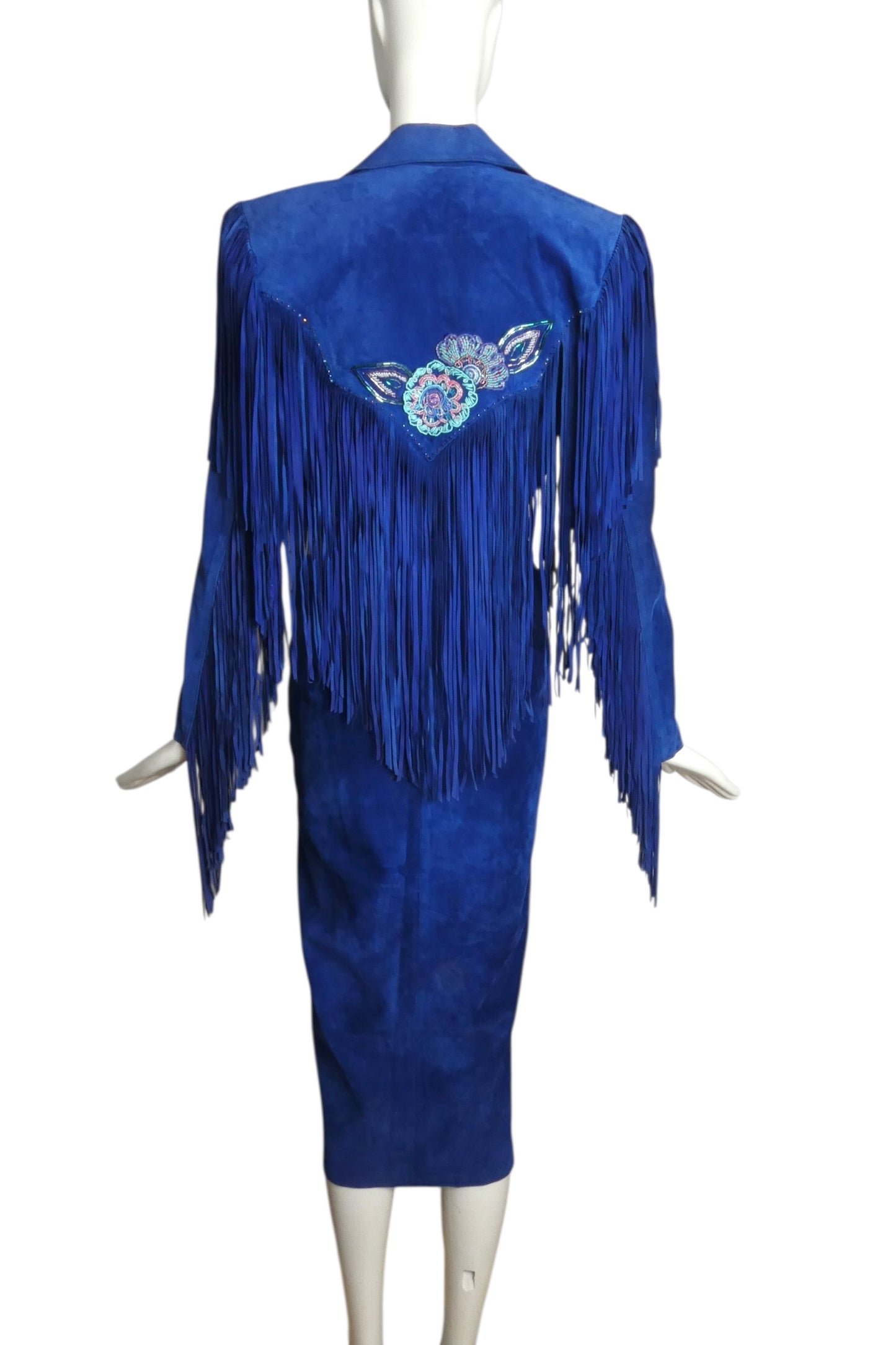 GOSAMMER WINGS- 1980s Blue Suede Fringe Skirt Suit, Size 4
