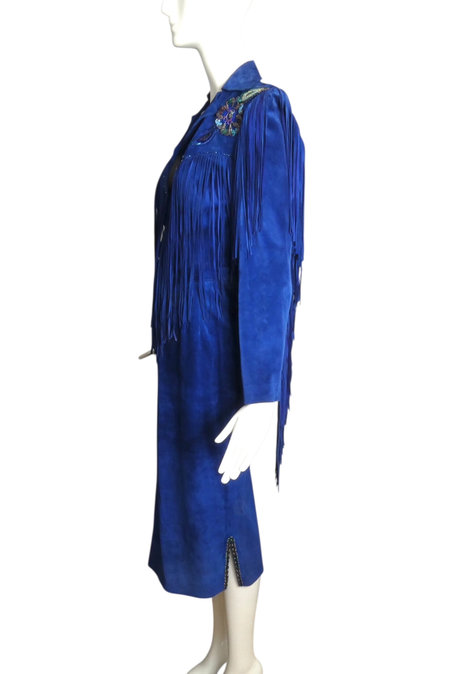 GOSAMMER WINGS- 1980s Blue Suede Fringe Skirt Suit, Size 4