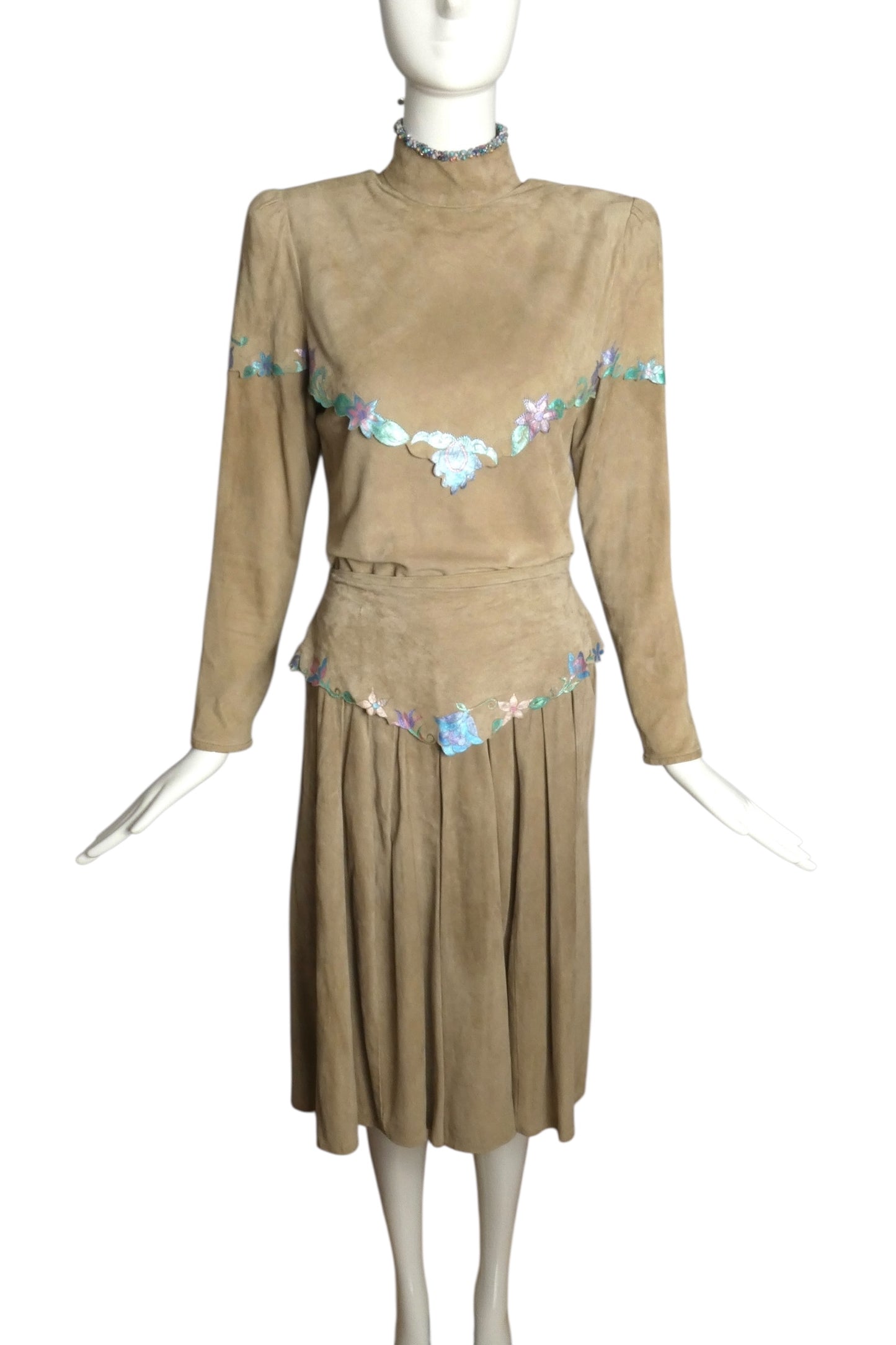 GOSAMMER WINGS- 1980s 3pc Beaded Suede Skirt Ensemble, Size 6
