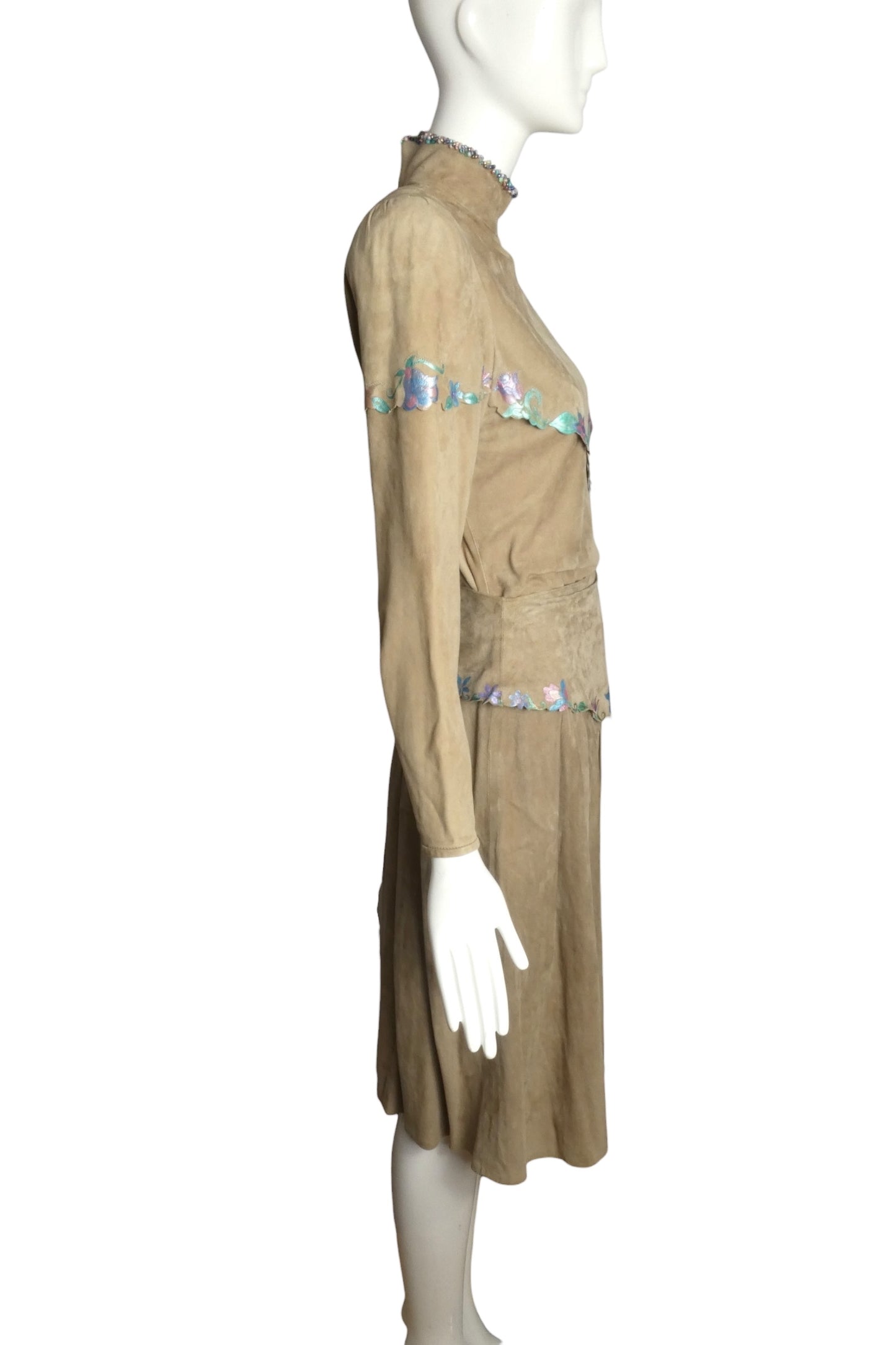 GOSAMMER WINGS- 1980s 3pc Beaded Suede Skirt Ensemble, Size 6