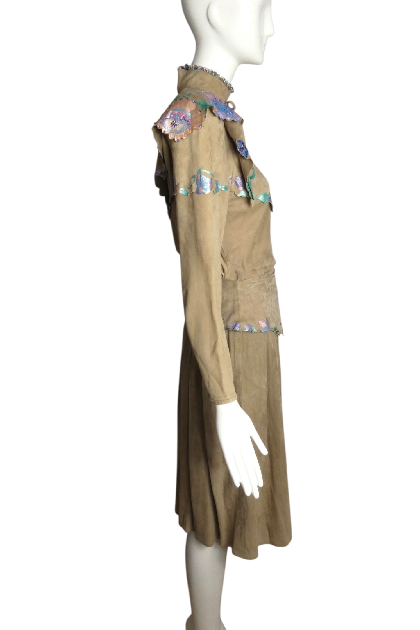 GOSAMMER WINGS- 1980s 3pc Beaded Suede Skirt Ensemble, Size 6