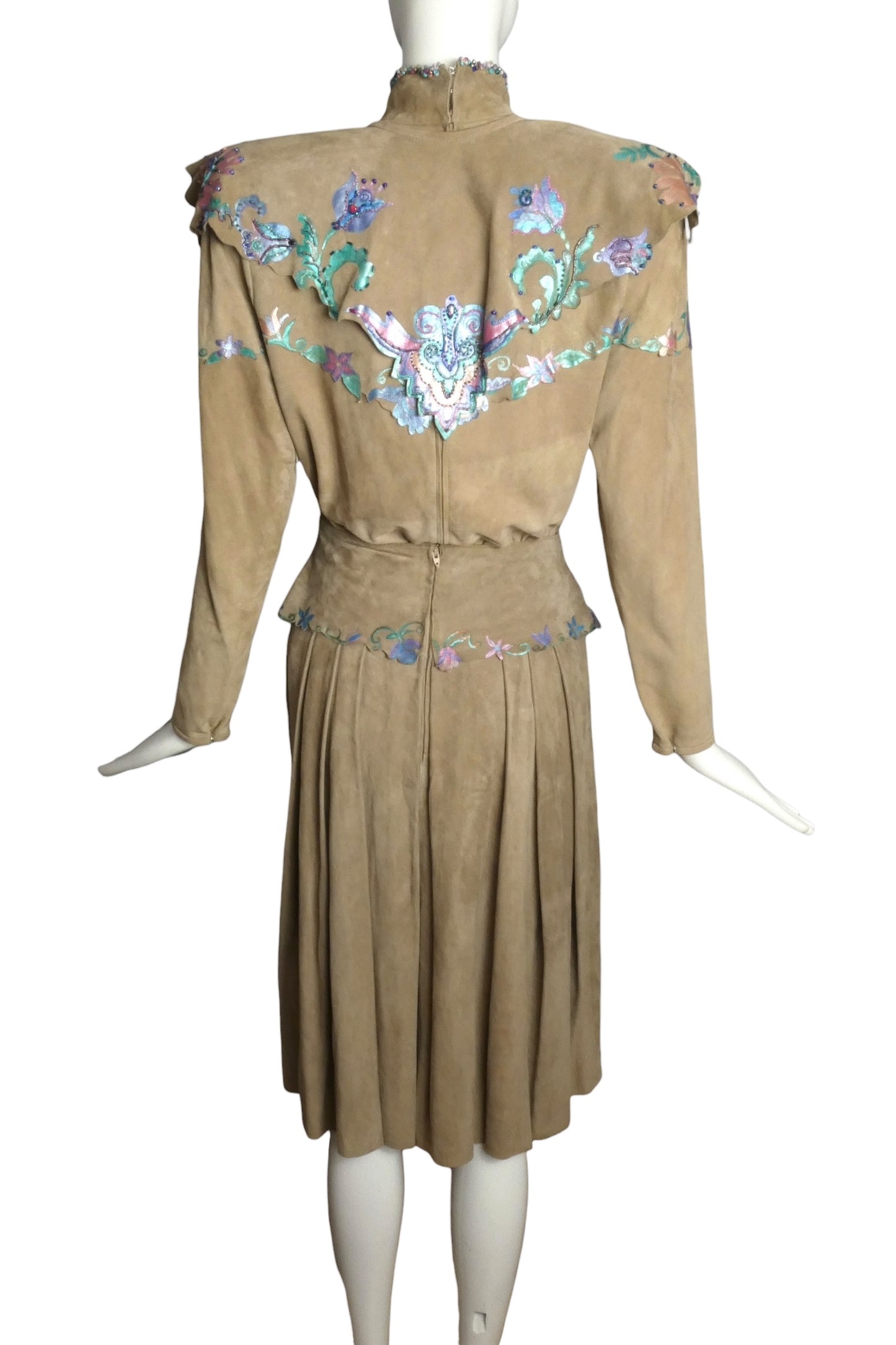 GOSAMMER WINGS- 1980s 3pc Beaded Suede Skirt Ensemble, Size 6