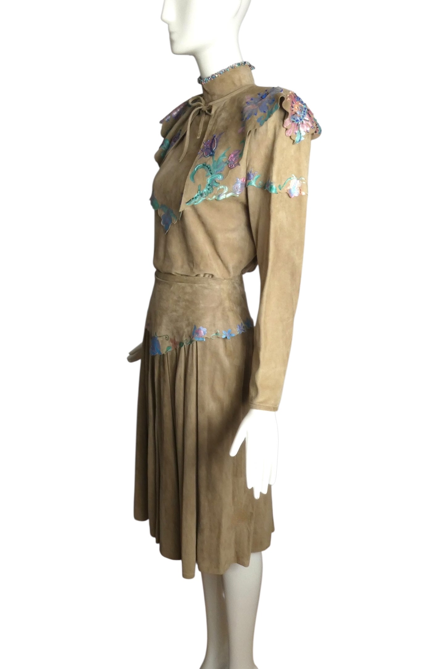 GOSAMMER WINGS- 1980s 3pc Beaded Suede Skirt Ensemble, Size 6