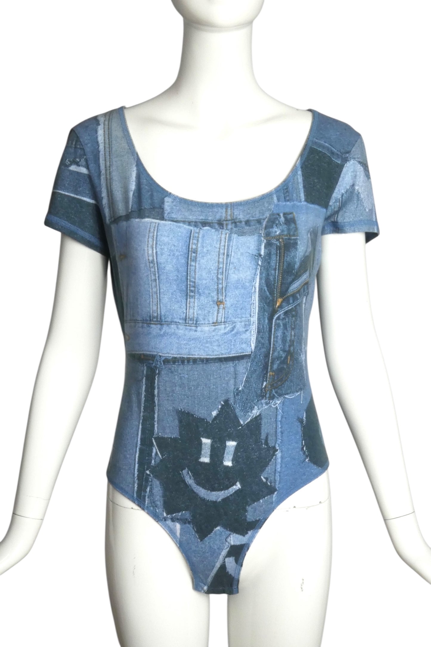 MOSCHINO JEANS- 1990s Denim Print Knit Bodysuit, Size 12