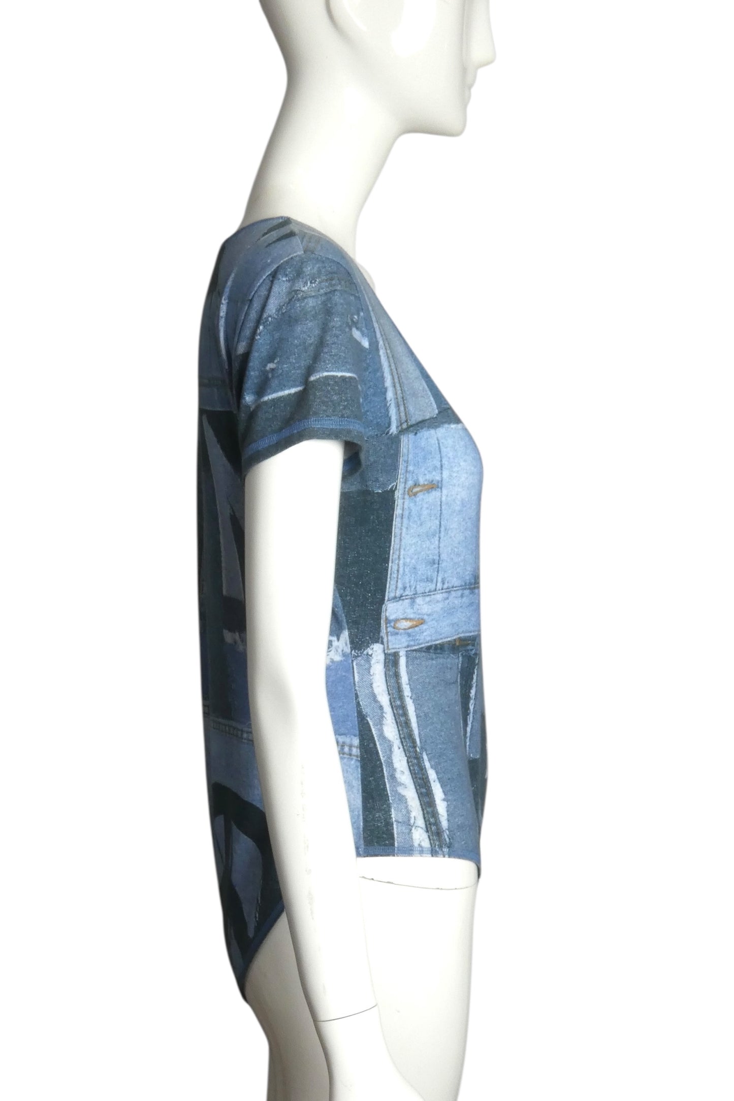 MOSCHINO JEANS- 1990s Denim Print Knit Bodysuit, Size 12