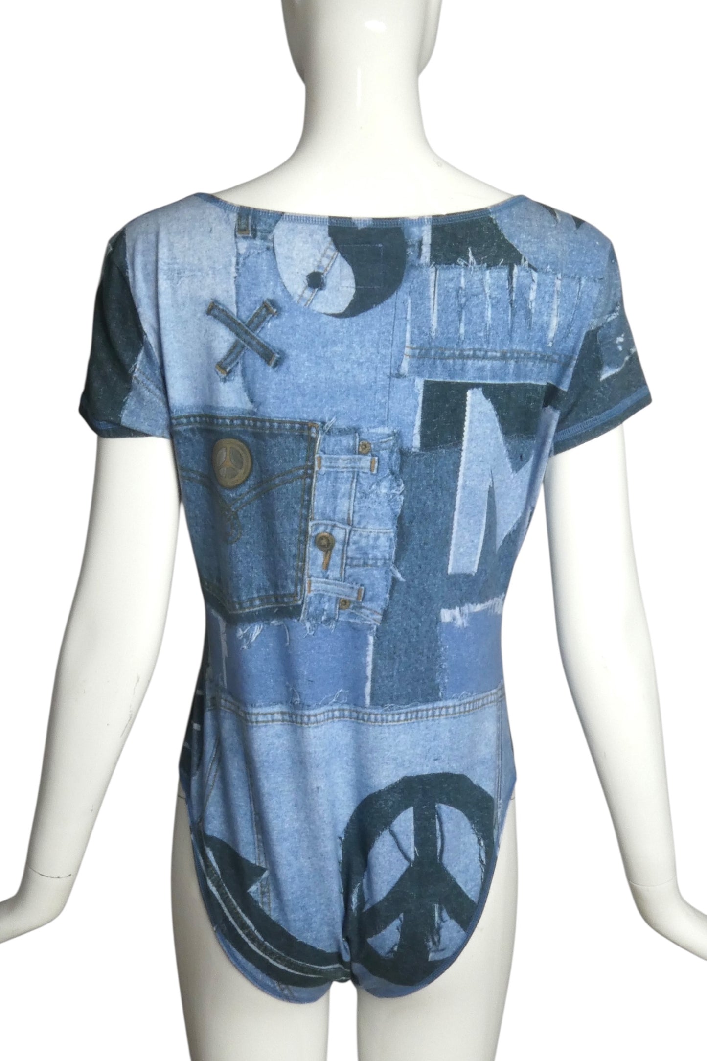 MOSCHINO JEANS- 1990s Denim Print Knit Bodysuit, Size 12