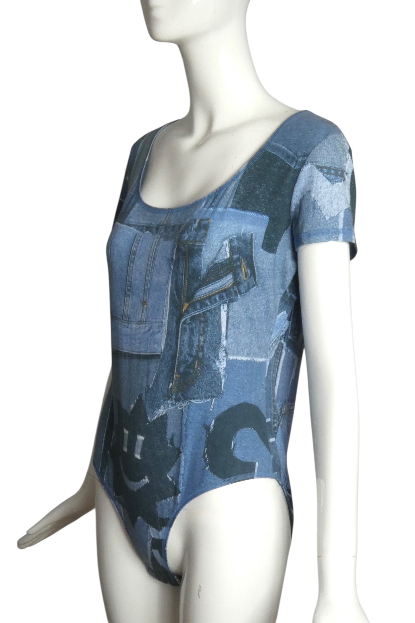 MOSCHINO JEANS- 1990s Denim Print Knit Bodysuit, Size 12
